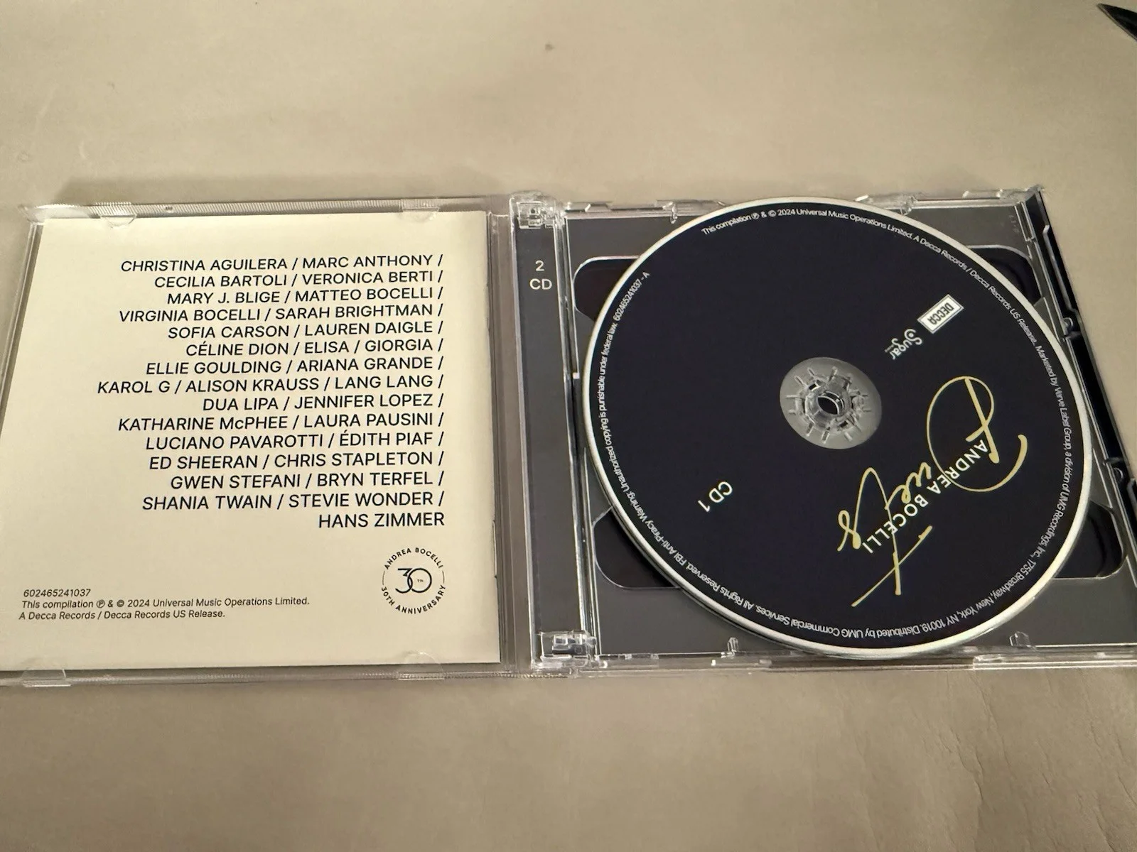 Andrea Bocelli Signed Autograped Duets 30th Anniversary Double CD, image 4