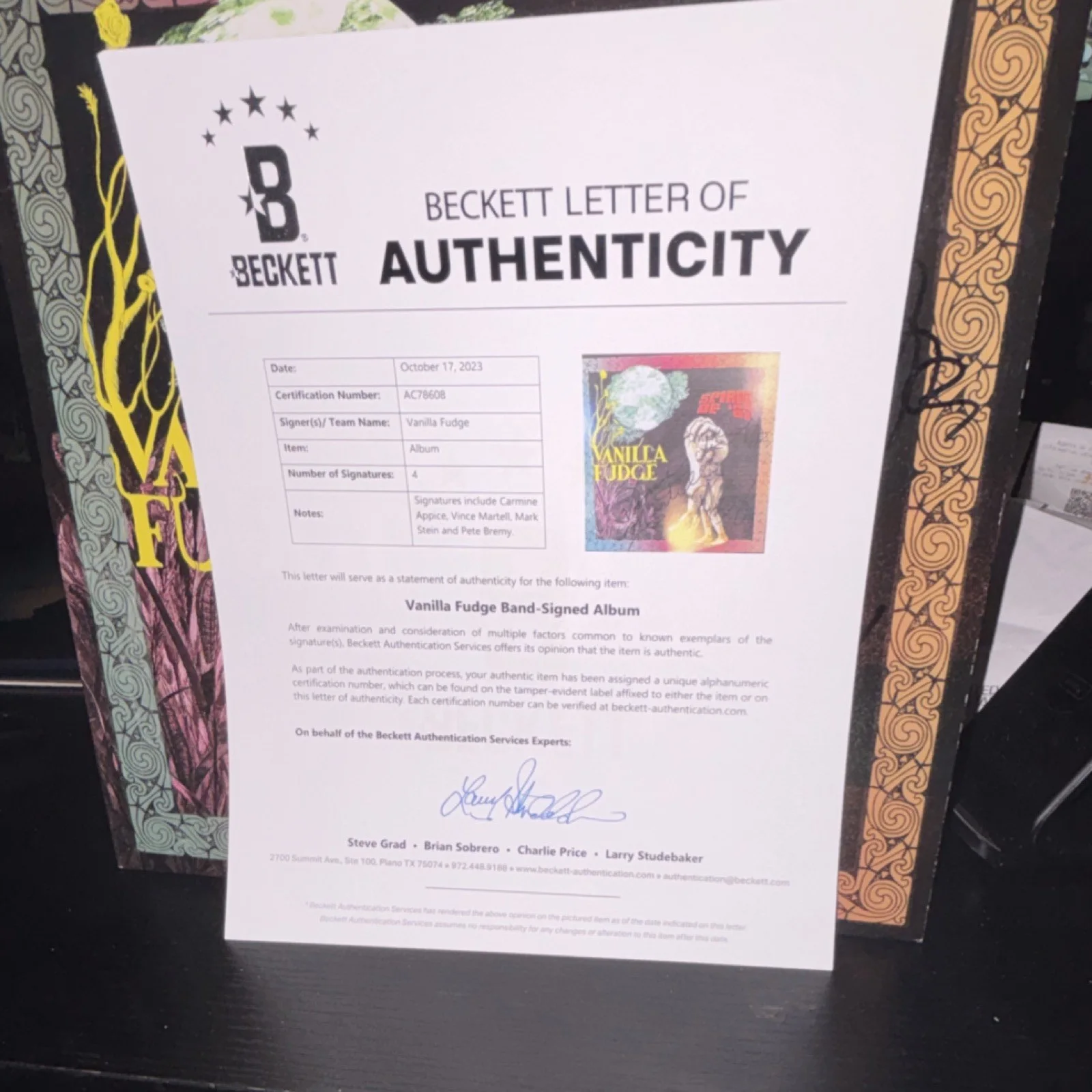 Vanilla Fudge Spirit of '69 Autographed Vinyl Record Beckett Authentication, изображение 3