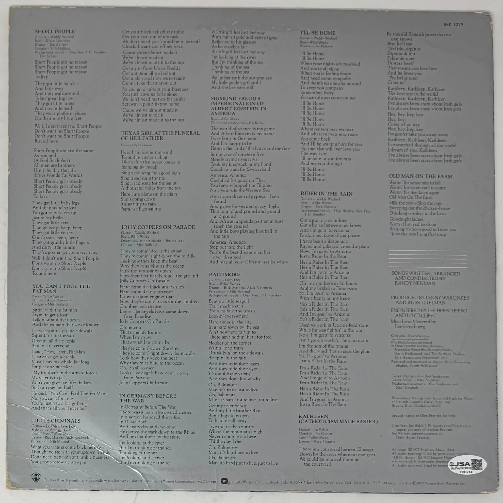 Randy Newman Signed Autograph Little Criminals Vinyl Record Album LP JSA COA, изображение 3