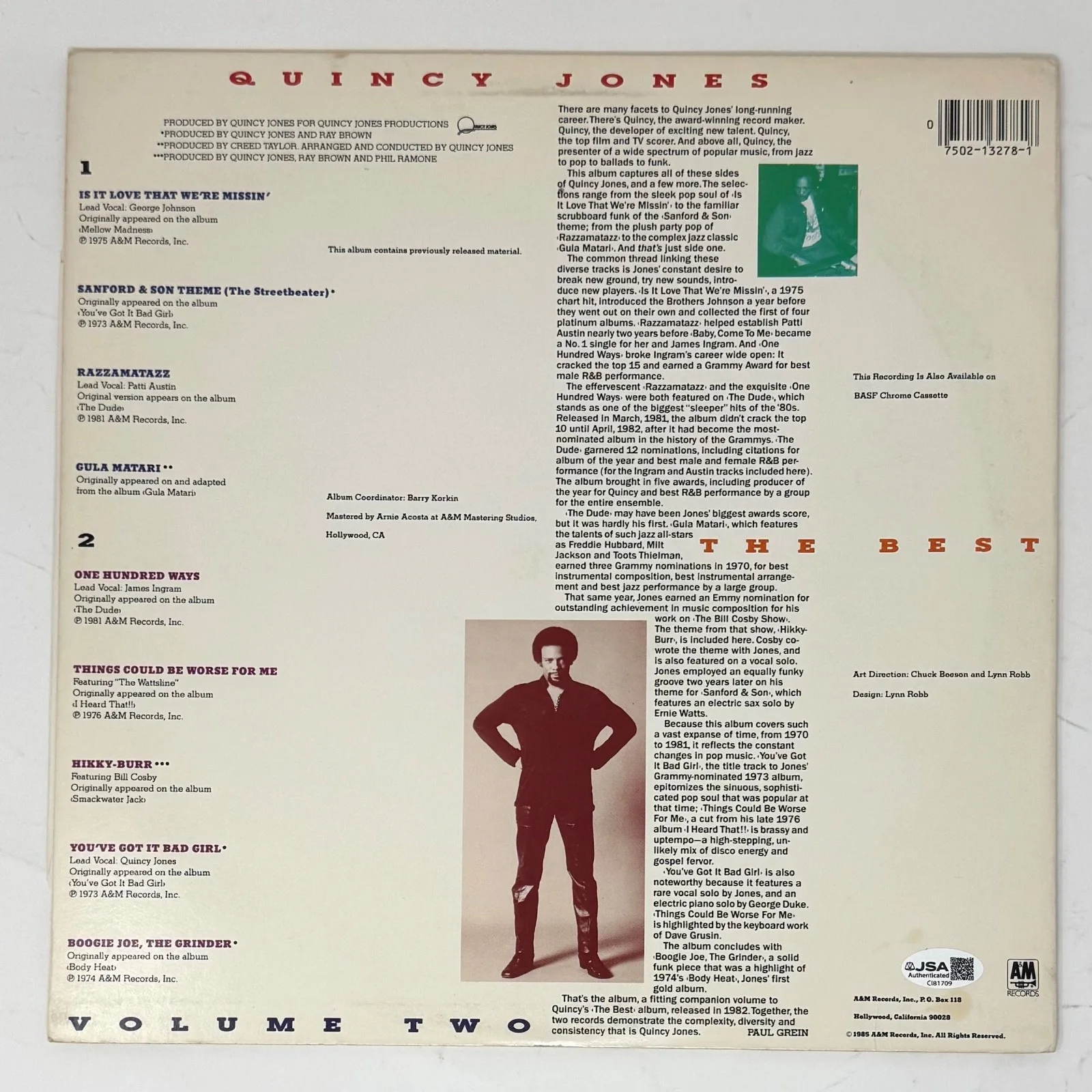 Quincy Jones Signed Autograph Vinyl Album The Best Vol 2 LP Michael Jackson JSA, изображение 3