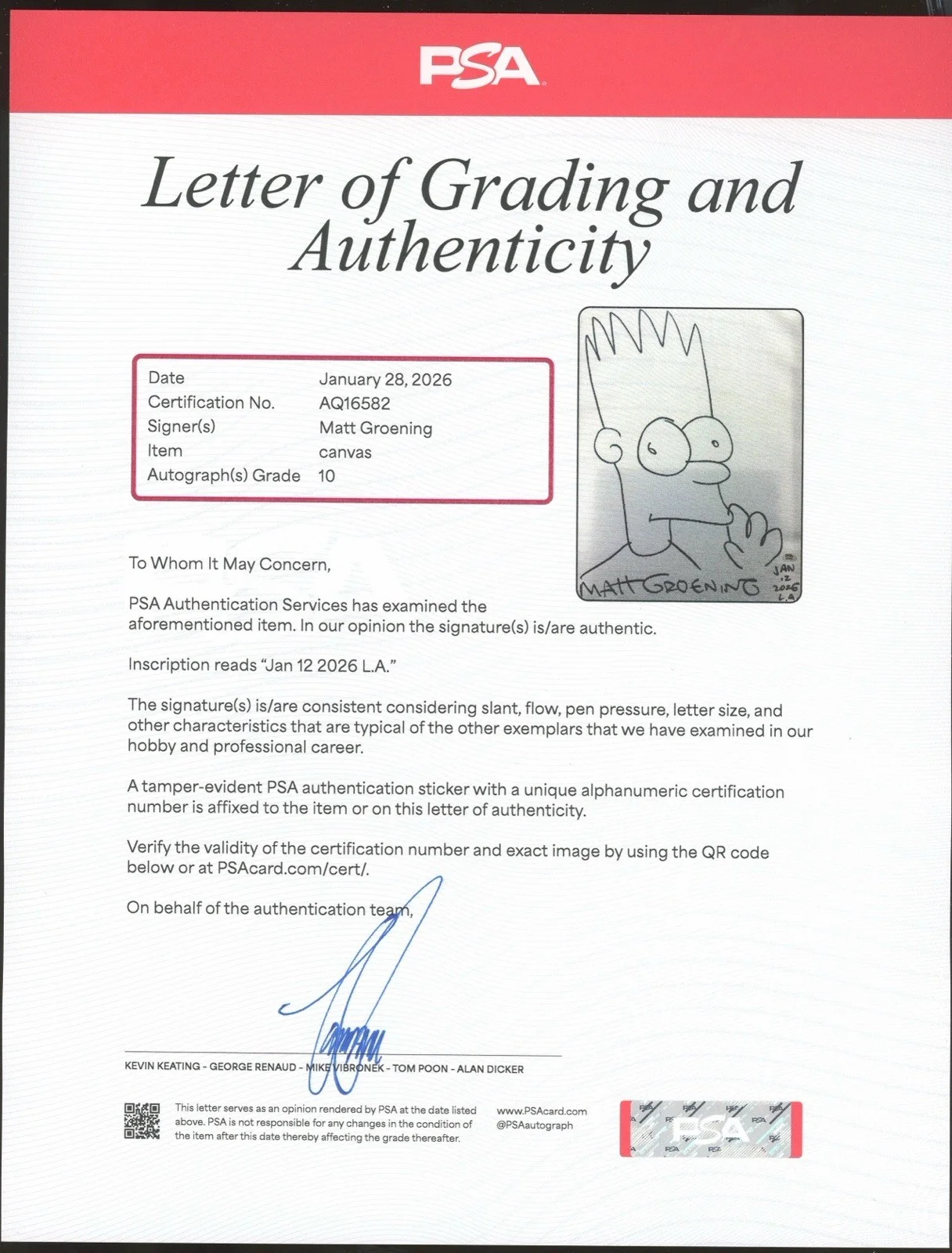 Matt Groening — Matt Groening Signed 16x20 Canvas Bart Simpson Sketch PSA/DNA LOA 10 AUTO, изображение 2
