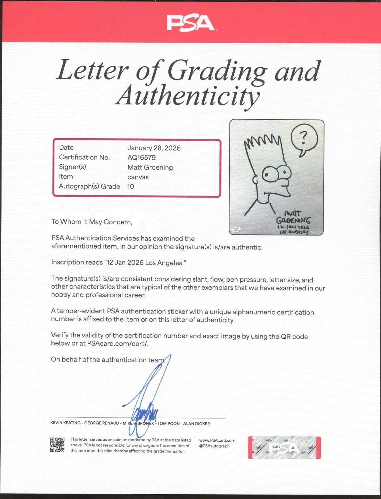Matt Groening — Matt Groening Signed 11x14 Canvas Bart Simpson Sketch PSA/DNA LOA 10 AUTO, изображение 2