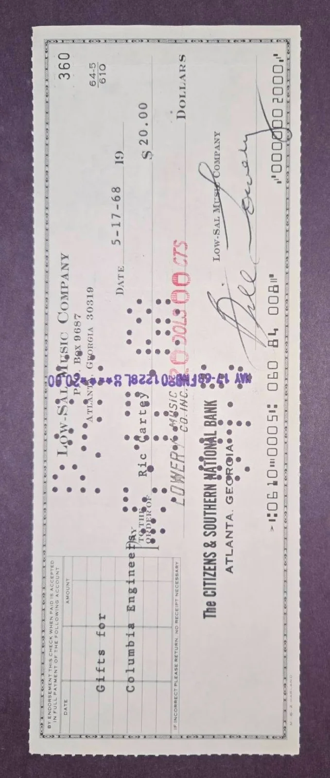 1968 Low-Sal Music Comp Cancelled Check to Rockabilly Legend Ric Cartey SIGNED!, image 2