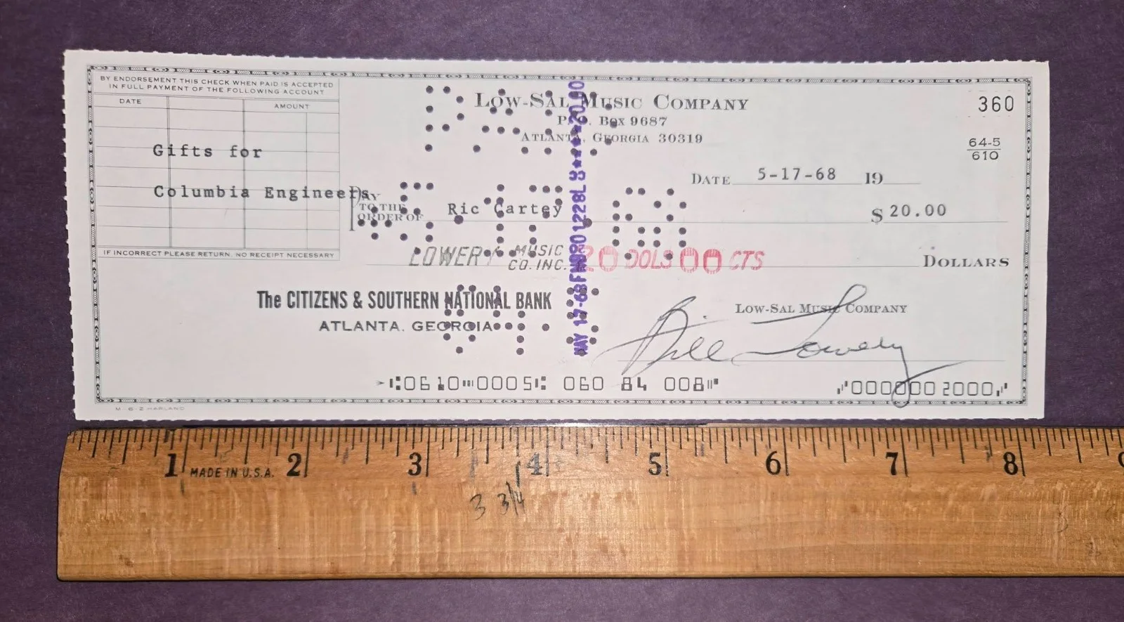 1968 Low-Sal Music Comp Cancelled Check to Rockabilly Legend Ric Cartey SIGNED!, image 3