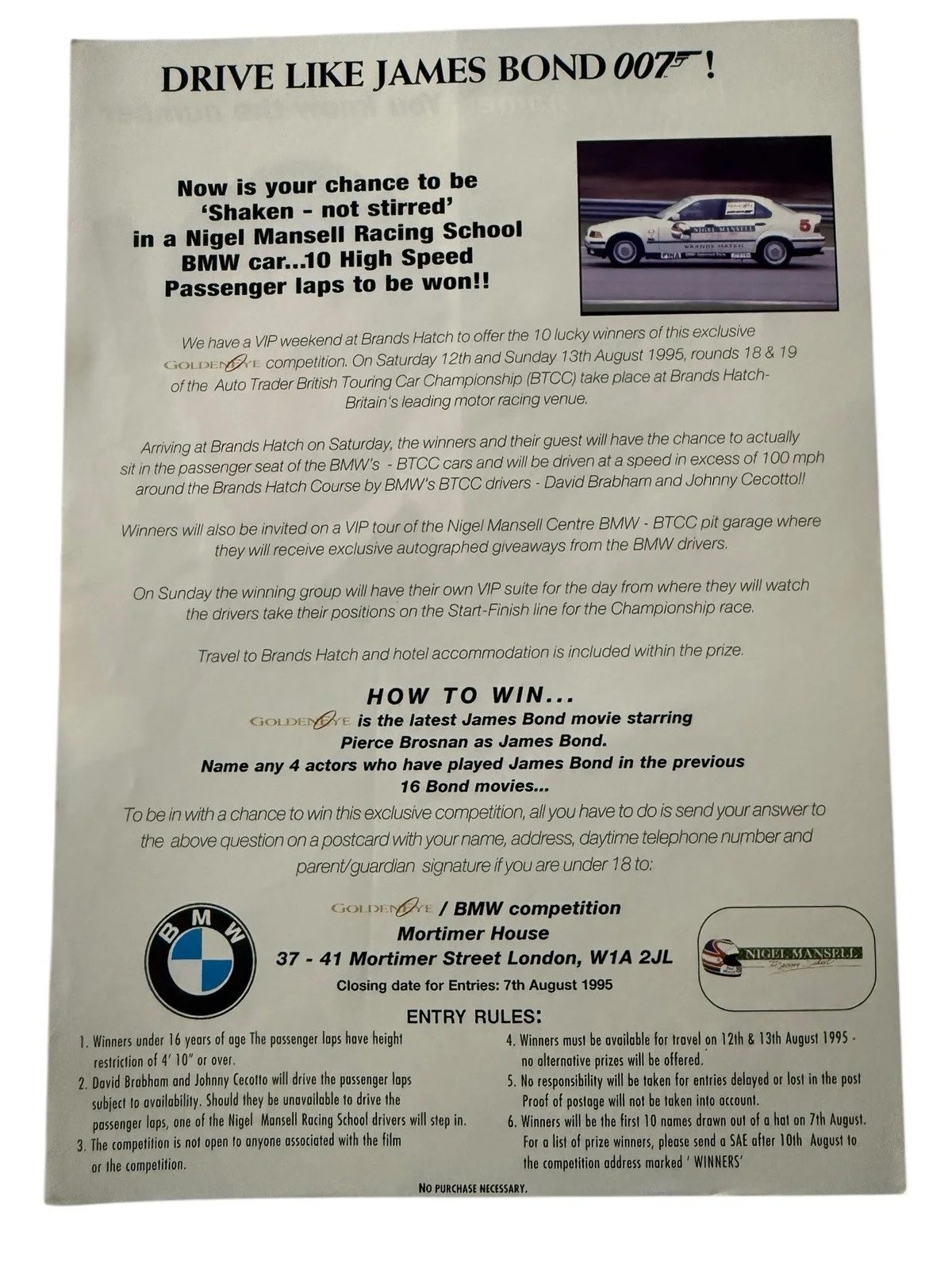 James Bond Goldeneye Film Flyer Advert For Brands Hatch BTTC Competition 1995., image 2
