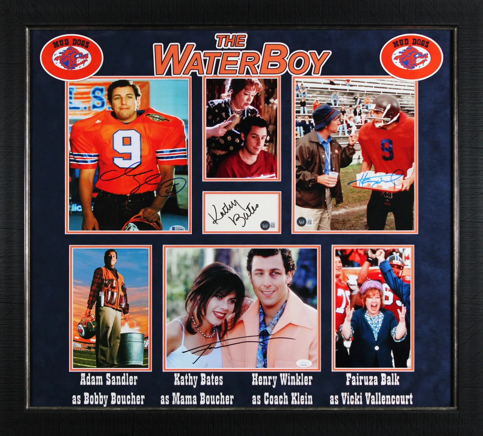 Adam Sandler, Henry Winkler, Kathy Bates & Fairuza Balk — The Waterboy (4) Sandler, Winkler, Bates & Balk Signed Framed Display BAS LOA