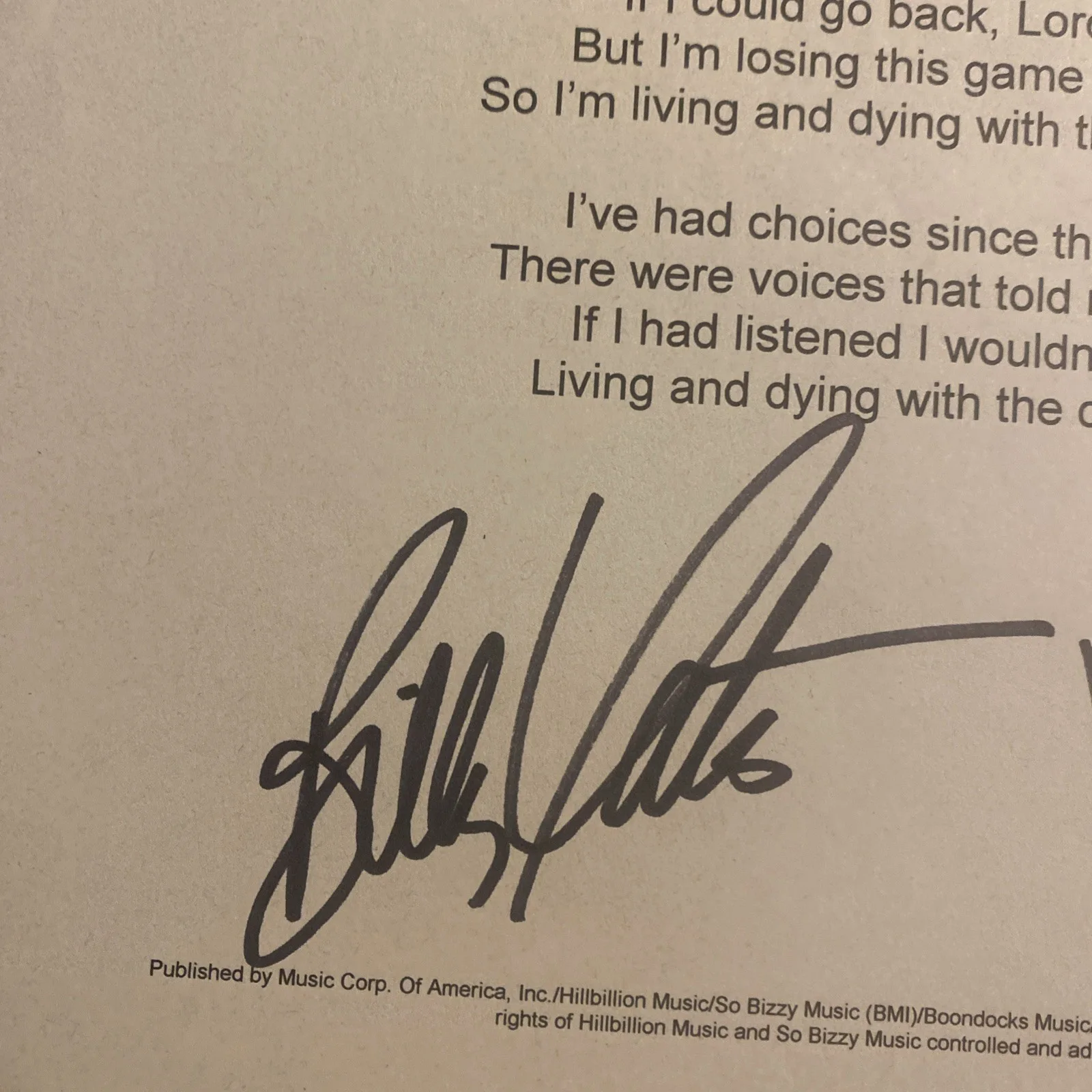 Rare Billy Yates George Jones “CHOICES” Lyric Sheet Signed Autographed JSA, изображение 2