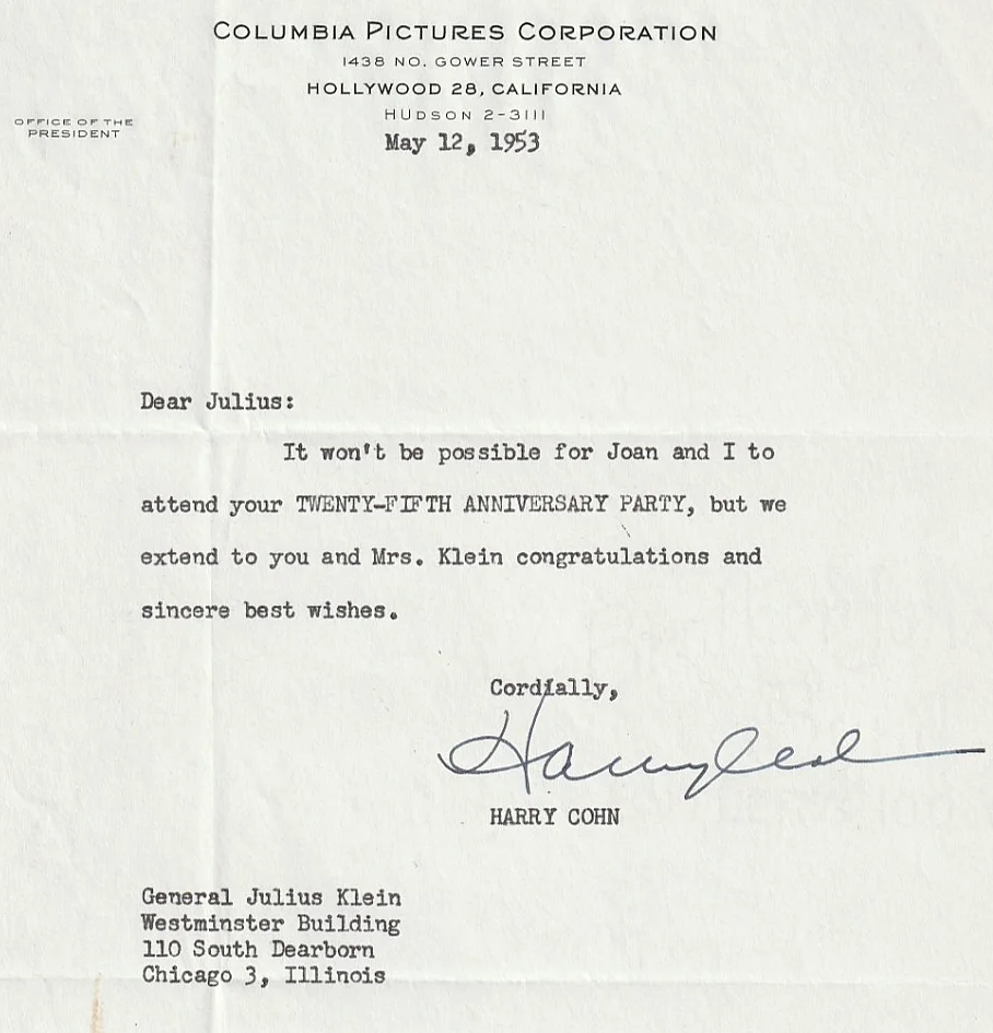 HARRY COHN. COLUMBIA PICTURES. ORIGINAL SIGNED LETTER on STUDIO PAPER. 1953, image 2
