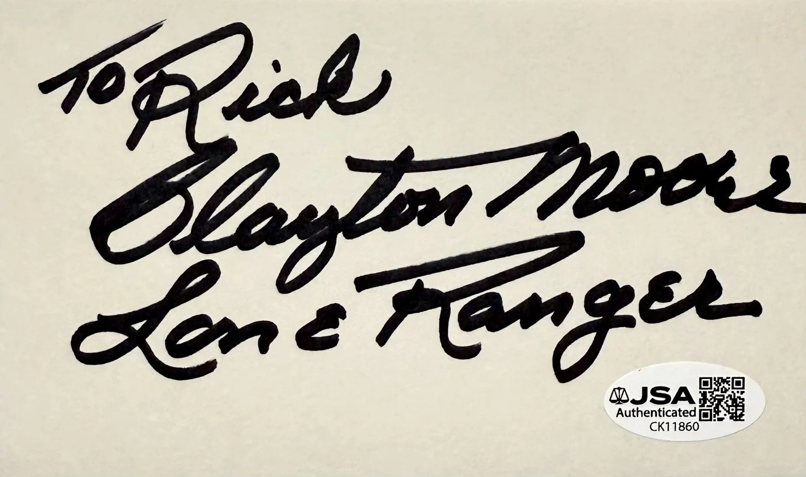 Clayton Moore — CLAYTON MOORE Signed Autograph 3x5 INDEX CARD THE LONE RANGER JSA CERT To RICK