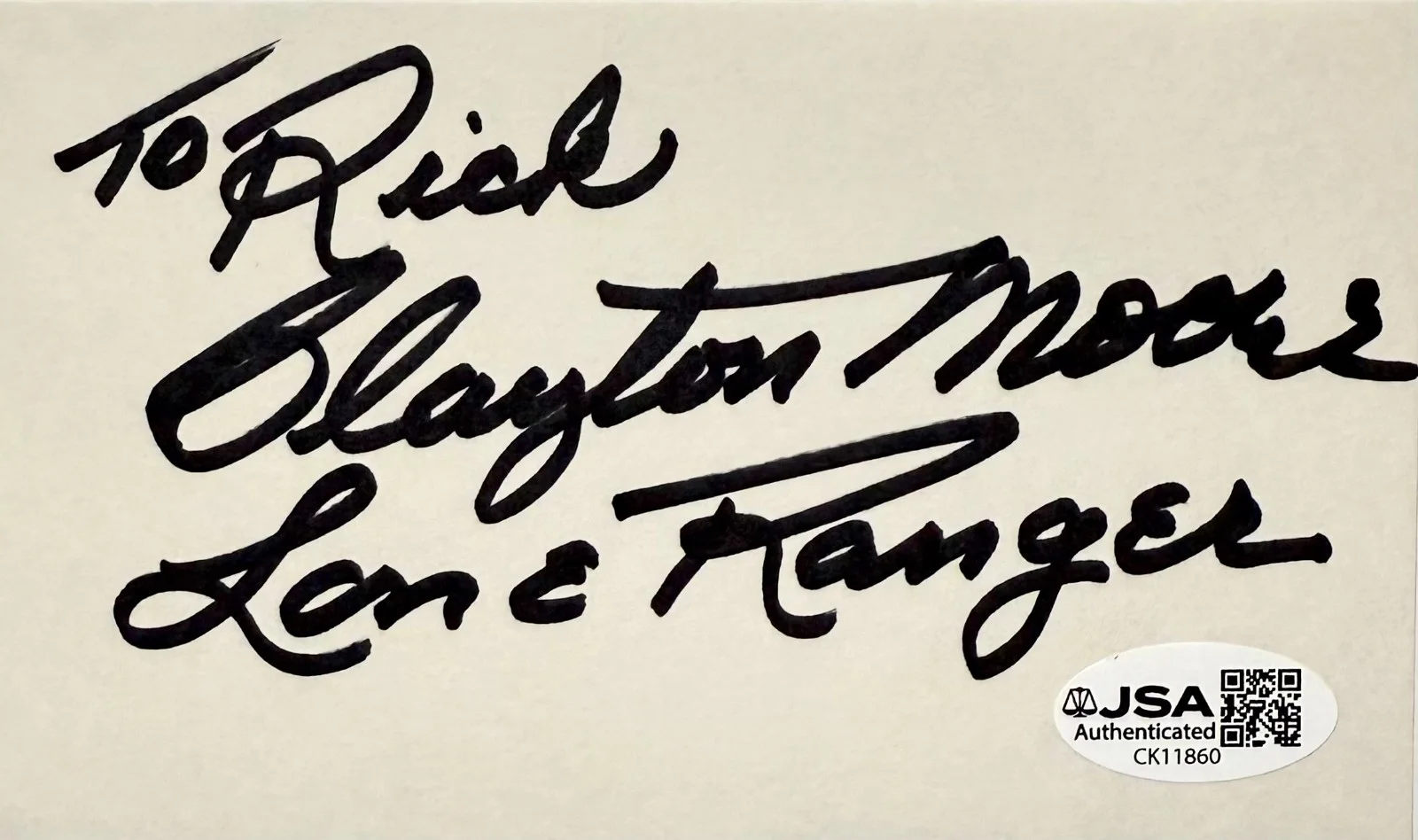 Clayton Moore — CLAYTON MOORE Signed Autograph 3x5 INDEX CARD THE LONE RANGER JSA CERT To RICK, изображение 3