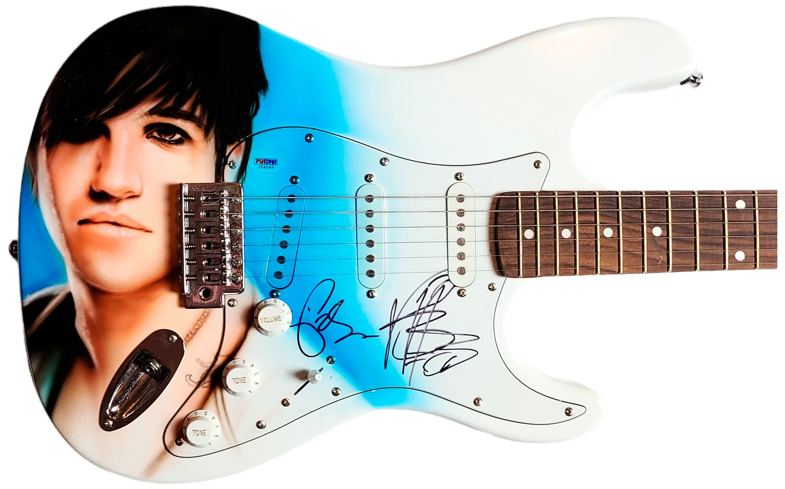 Fall Out Boy Pete Wentz Plus Autographed Hand Airbrushed Guitar UACC AFTAL RACC, image 2