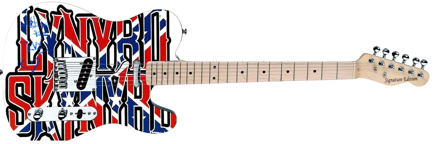 Artimus Pyle Lynyrd Skynyrd Autographed Vintage Flag Graphics Photo Guitar ACOA, image 2