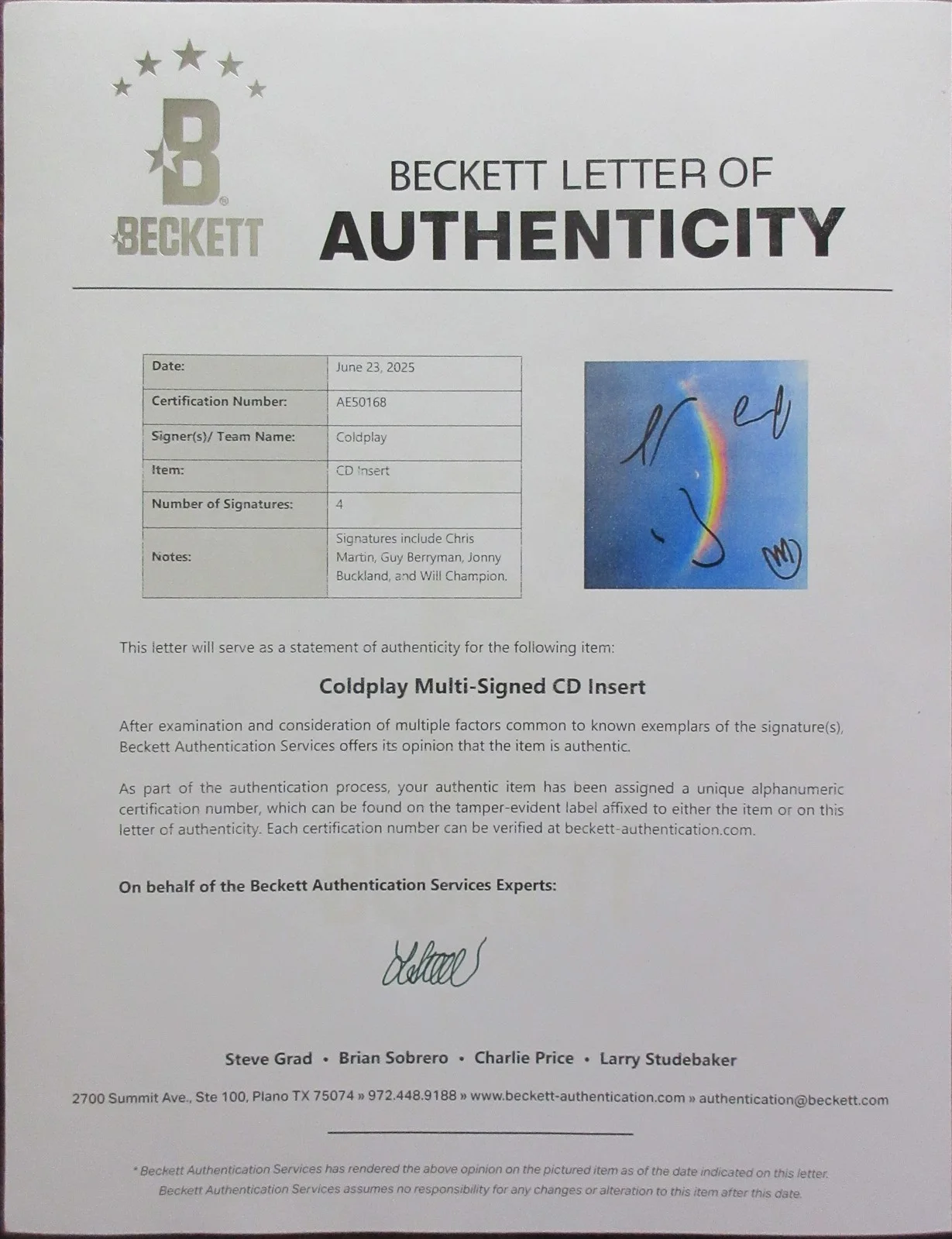 Coldplay Signed by 4 CD Promo Card - Beckett BAS, image 3