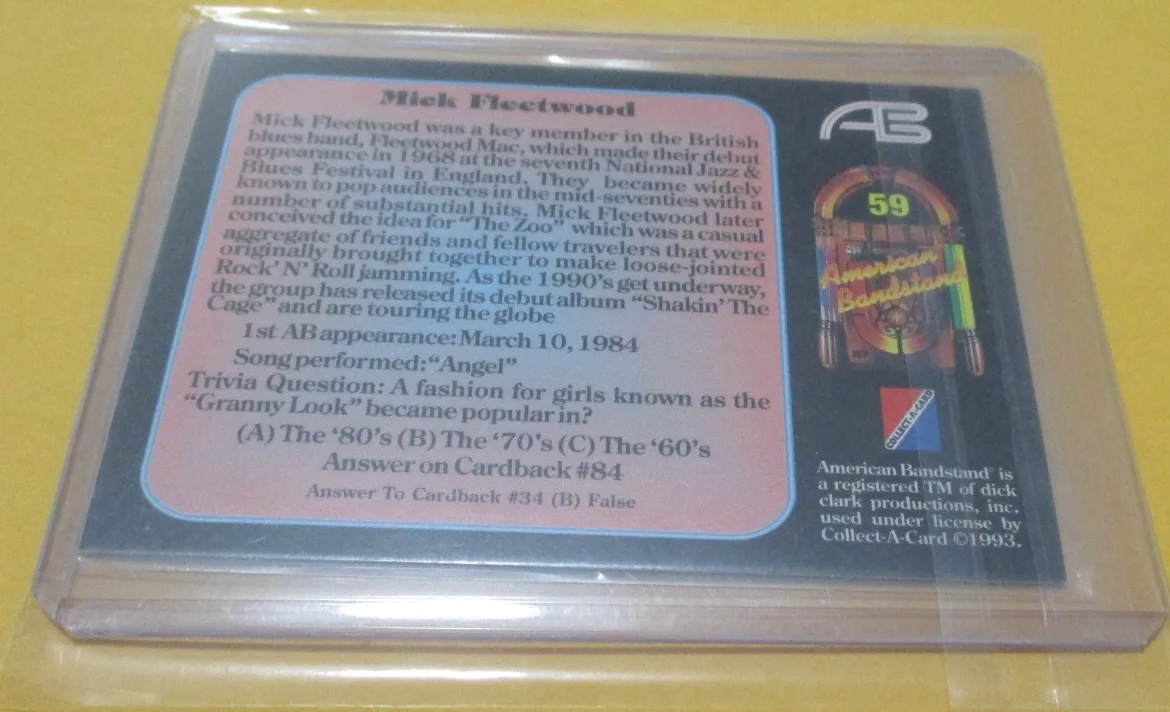 MICK FLEETWOOD — MICK FLEETWOOD 1993 AMERICAN BANDSTAND SIGNED TRADING CARD #59 R&R HALL OF FAMER, изображение 2