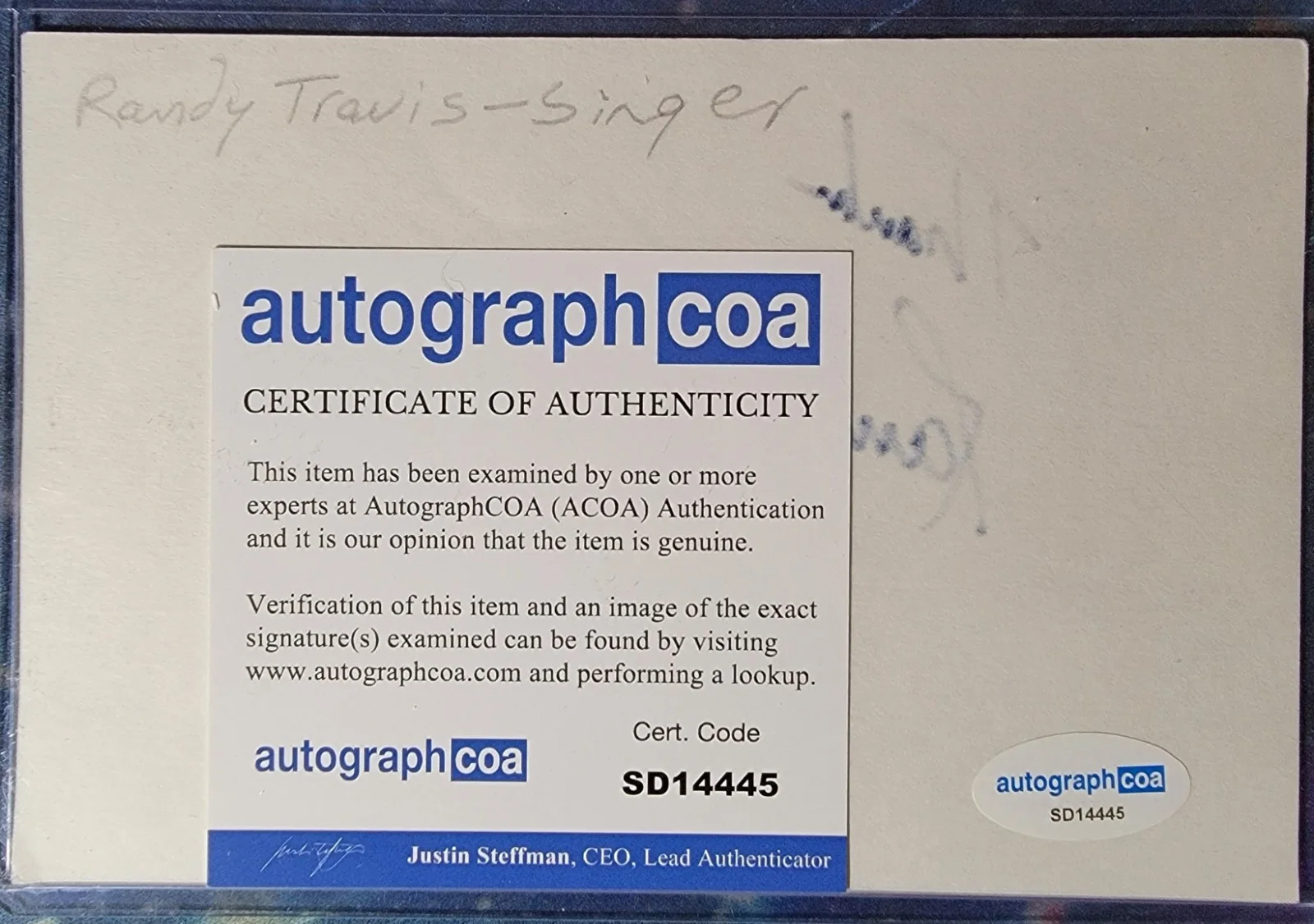 Randy travis — Randy Travis Authentic Signed Index Card W/ ACOA Forever And Ever, Amen, image 2