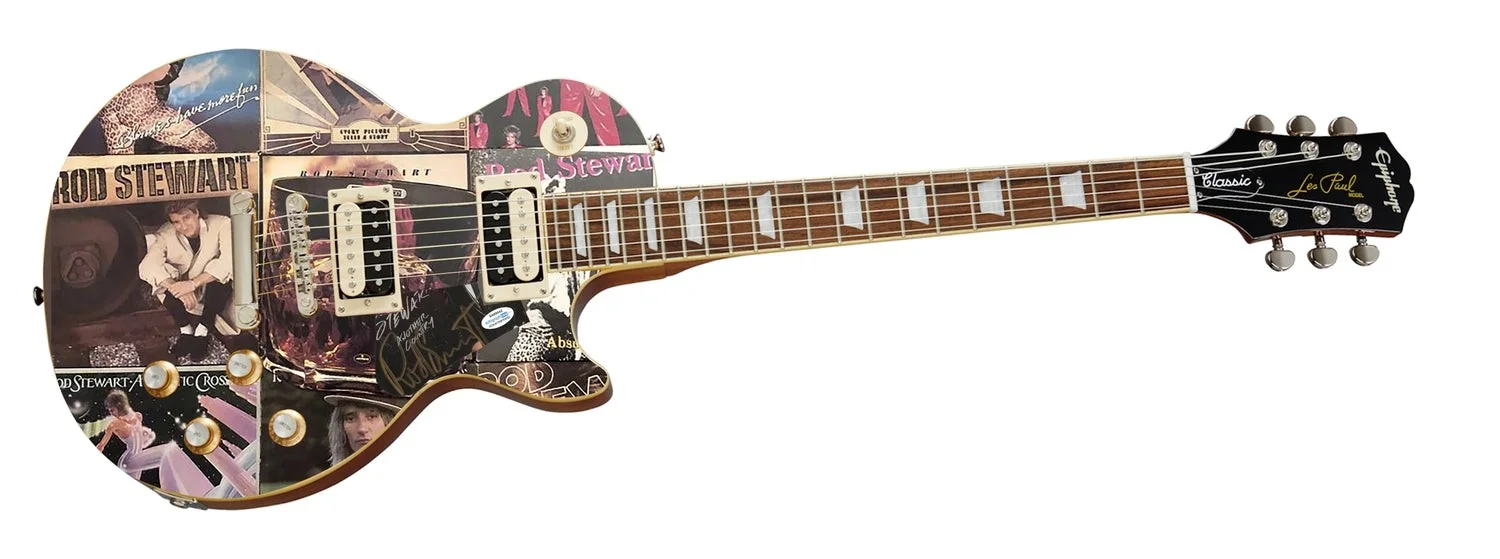 Rod Stewart Signed Album Collage Custom Graphics Guitar, image 3