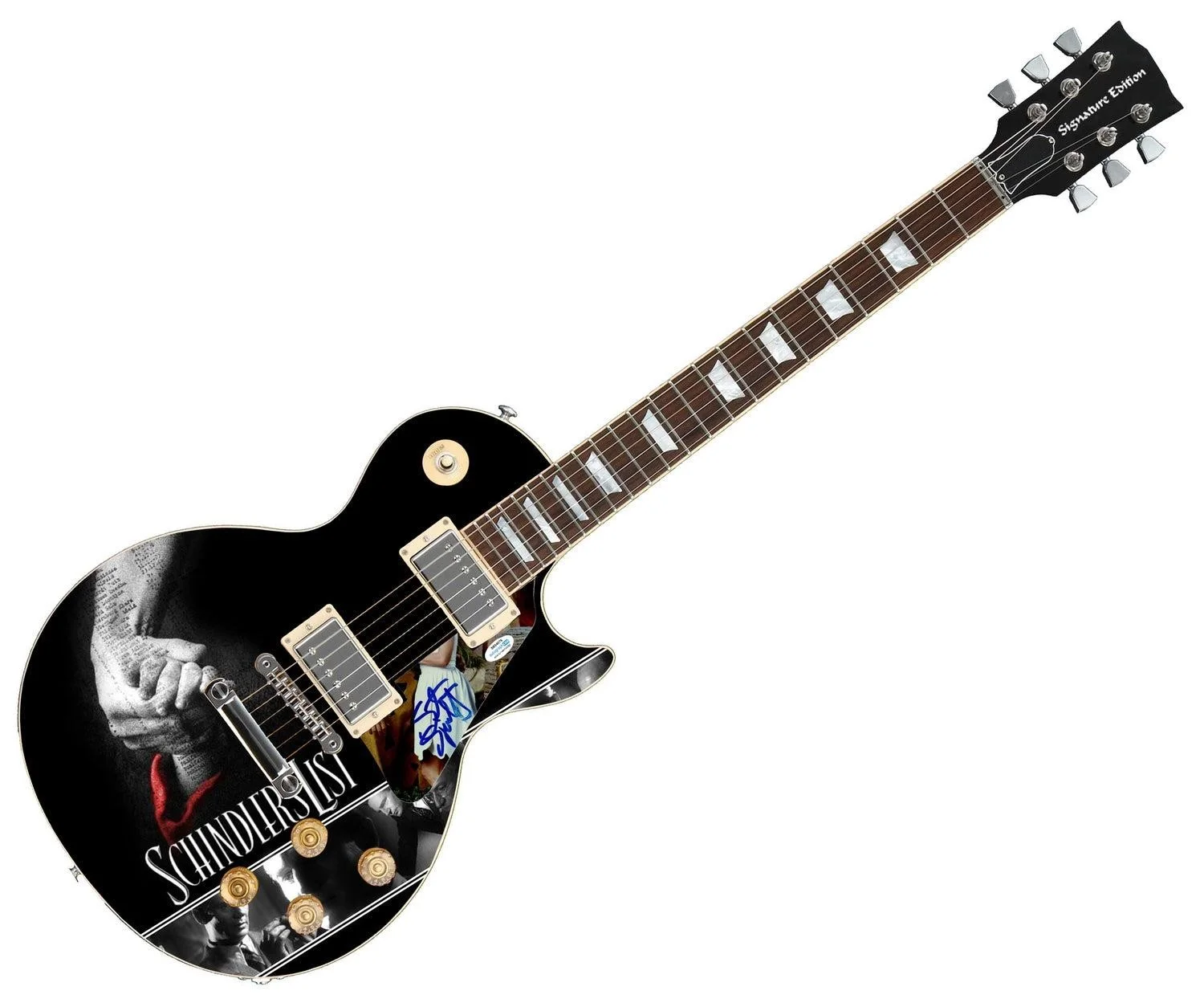 Steven Spielberg Signed "Schindler's List" Custom Graphics Guitar ACOA, image 2