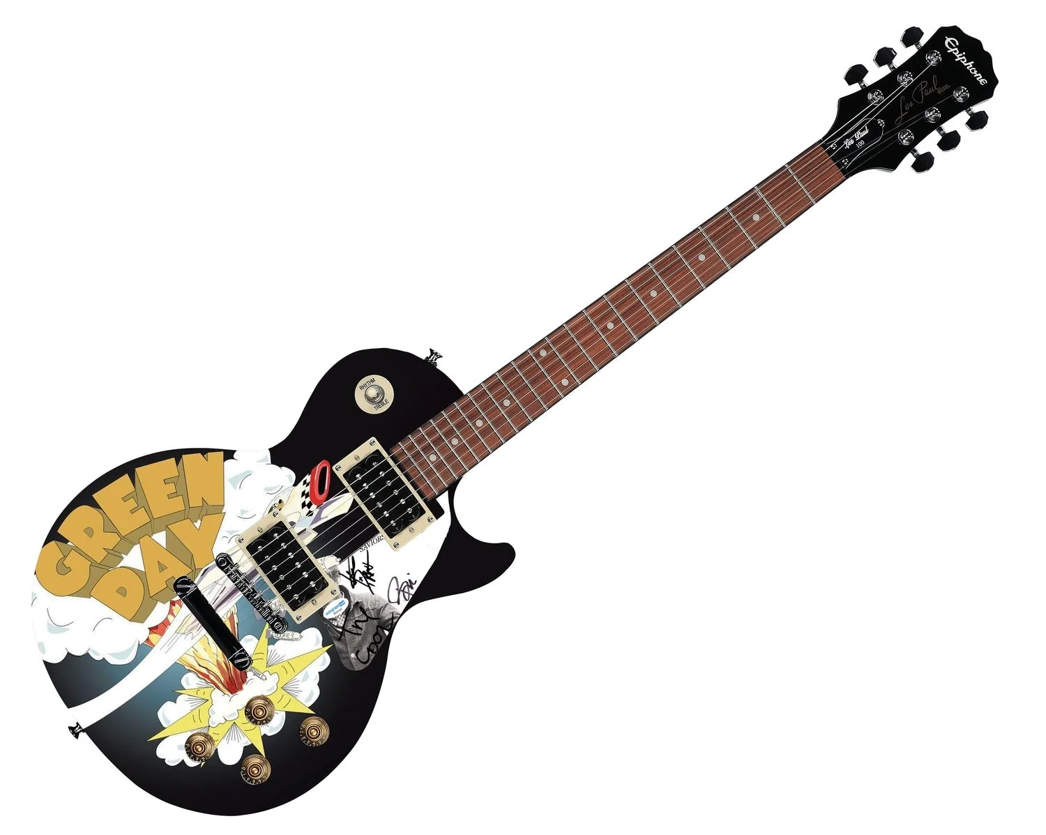 Green Day Autographed "Dookie Domination" Custom 1/1 Les Paul 100 Graphics Guita, image 2