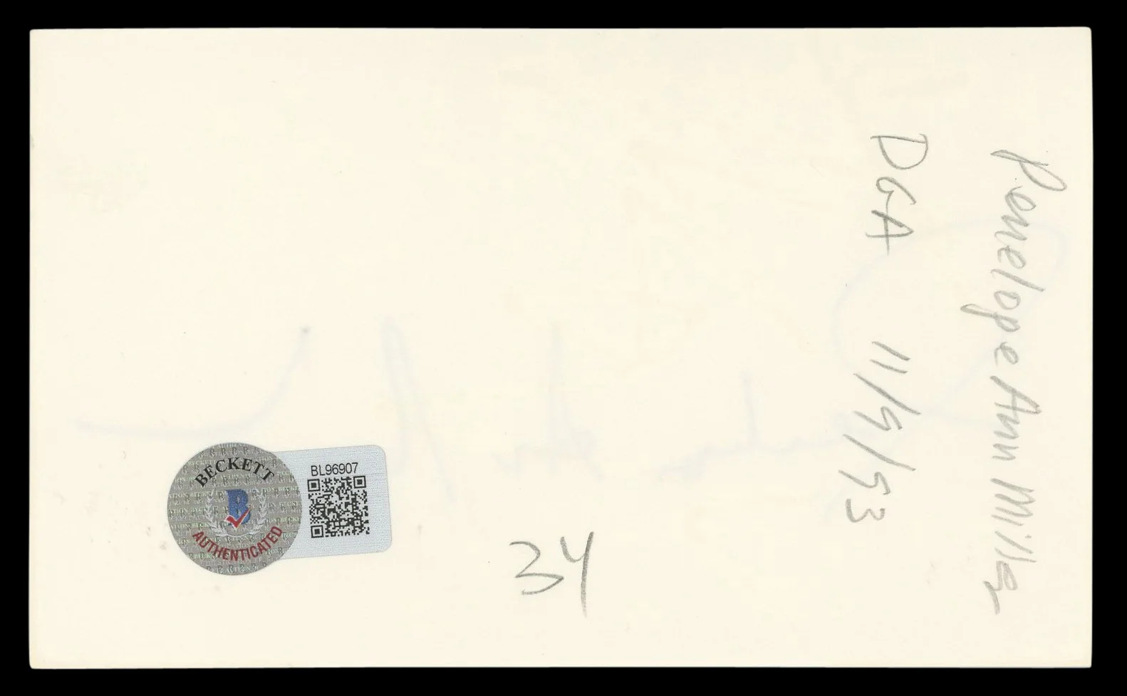 Penelope Ann Miller — Penelope Ann Miller Carlito's Way Authentic Signed 3x5 Index Card BAS #BL96907, изображение 2