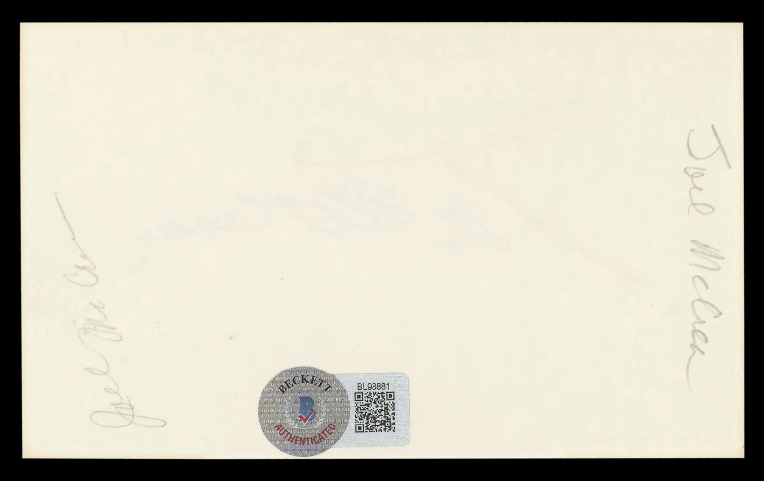 Joel McCrea — Joel McCrea Ride the High Country Authentic Signed 3x5 Index Card BAS #BL98881, image 2