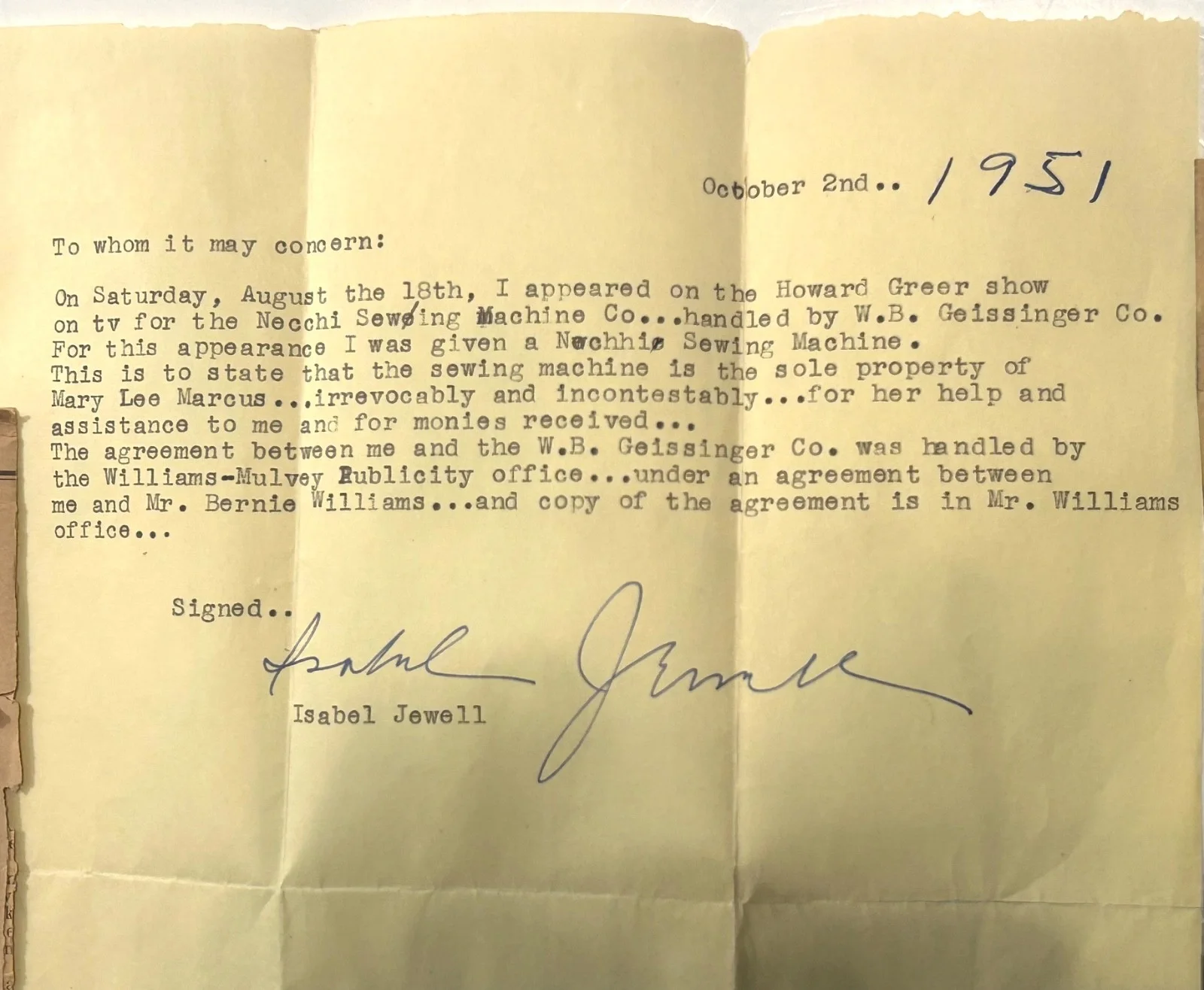 Isabel Jewell — Isabel Jewell signed letter concerning TV commercial gift she was given, изображение 2