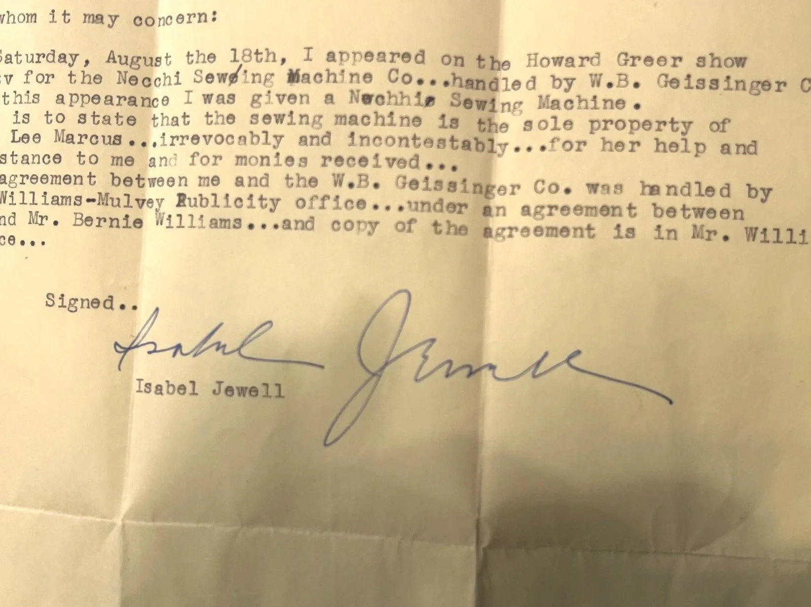 Isabel Jewell — Isabel Jewell signed letter concerning TV commercial gift she was given, изображение 3