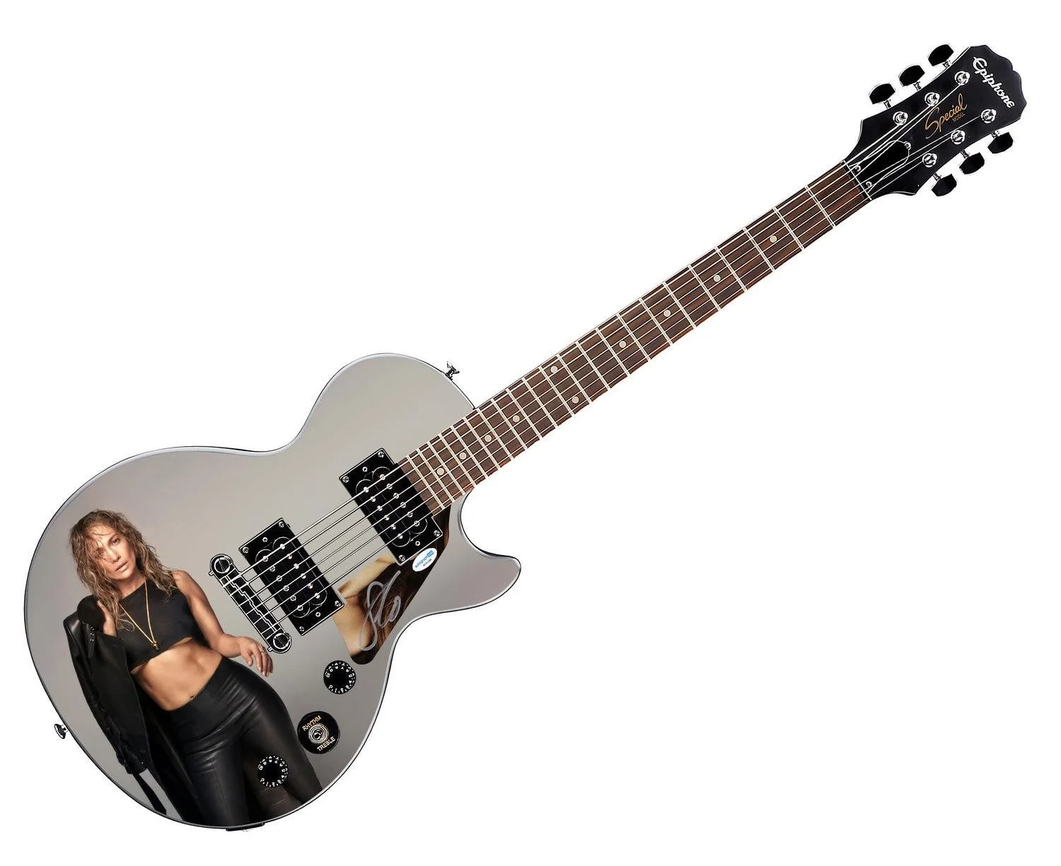 Jennifer Lopez Autographed Custom Epiphone "Belly Shirt Bad A**" Graphics Guitar, image 3