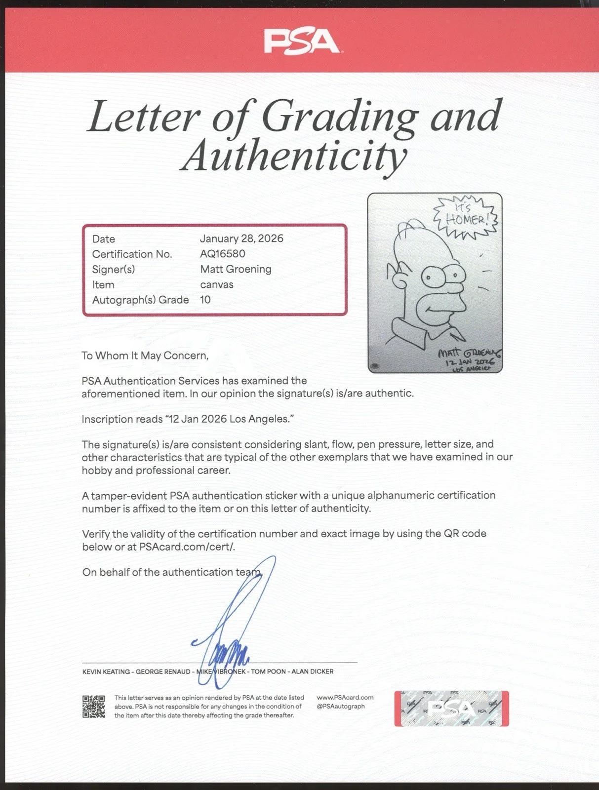 Matt Groening — Matt Groening Signed 16x20 Canvas Homer Simpson Sketch PSA/DNA LOA 10 AUTO, image 4