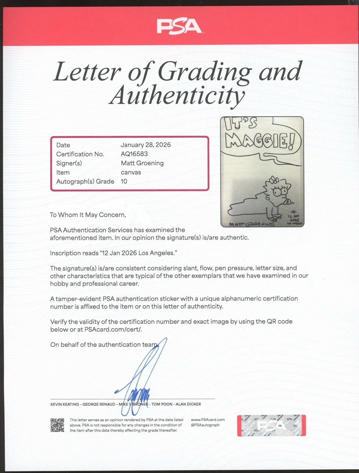Matt Groening — Matt Groening Signed 16x20 Canvas Maggie Simpson Sketch PSA/DNA LOA 10 AUTO, image 2