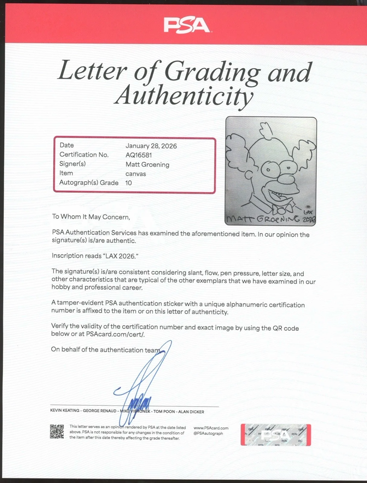 Matt Groening — Matt Groening Signed 16x20 Canvas Krusty The Clown Simpsons Sketch PSA 10 AUTO, изображение 2