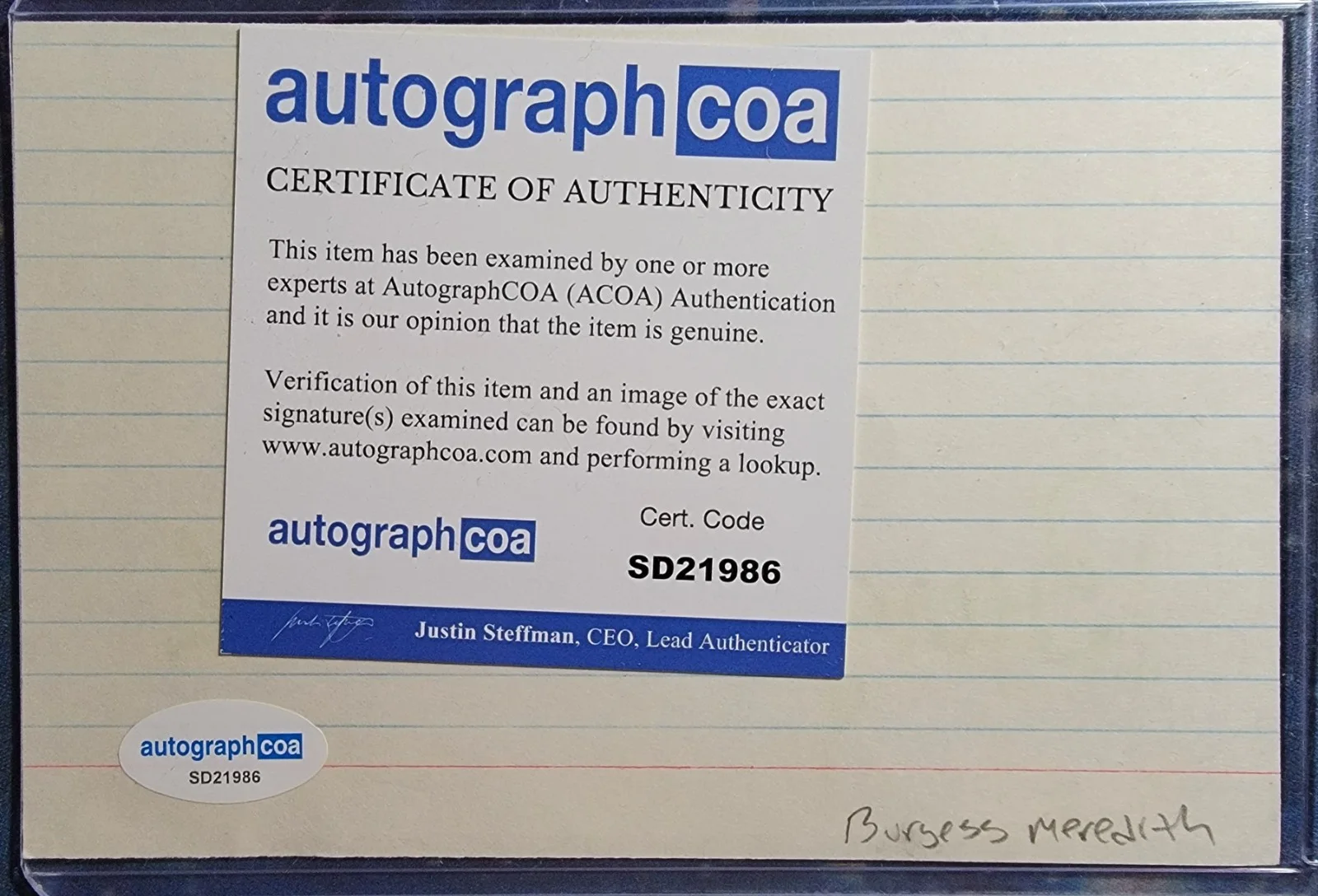Burgess Meredith — Burgess Meredith Authentic Signed Index Card W/ ACOA Grumpy Old Men, image 2