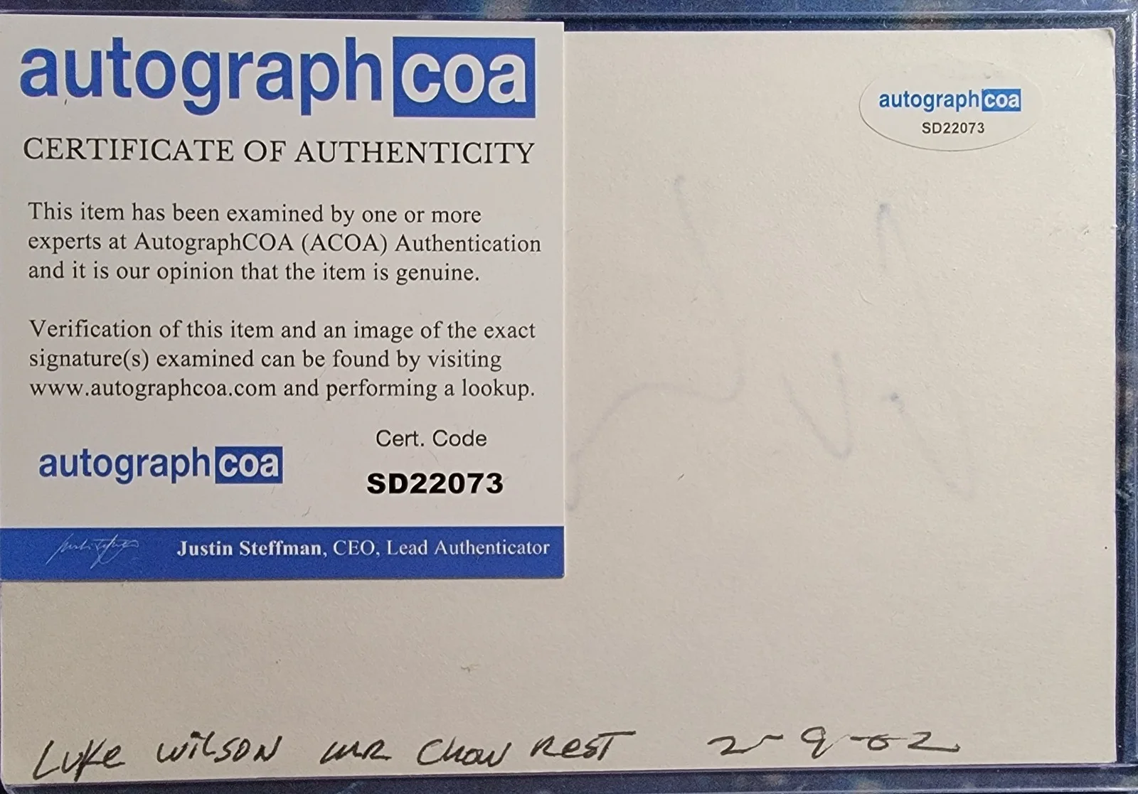 Luke Wilson — Luke Wilson Authentic Signed Index Card W/ ACOA Idiocracy, image 2