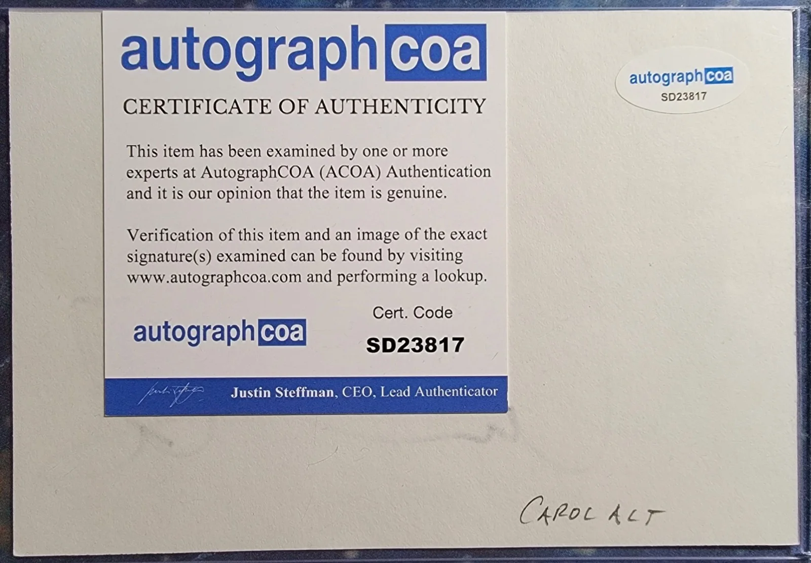 Carol Alt — Carol Alt Authentic Signed Index Card W/ ACOA Model Private Parts, image 2