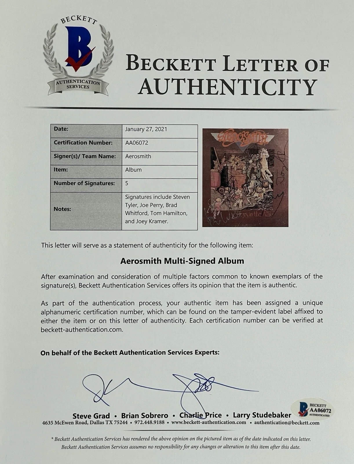 Aerosmith Autographed Signed Toys in the Attic Vinyl Album Beckett Certified 🎸, изображение 3