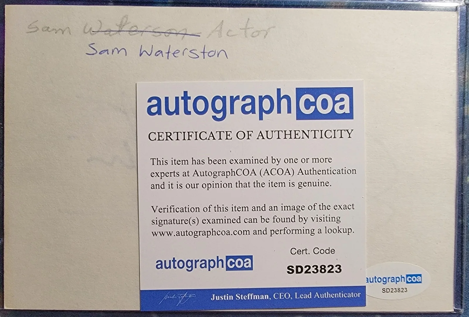 Sam Waterston — Sam Waterston Authentic Signed Index Card W/ ACOA Law & Order, image 2