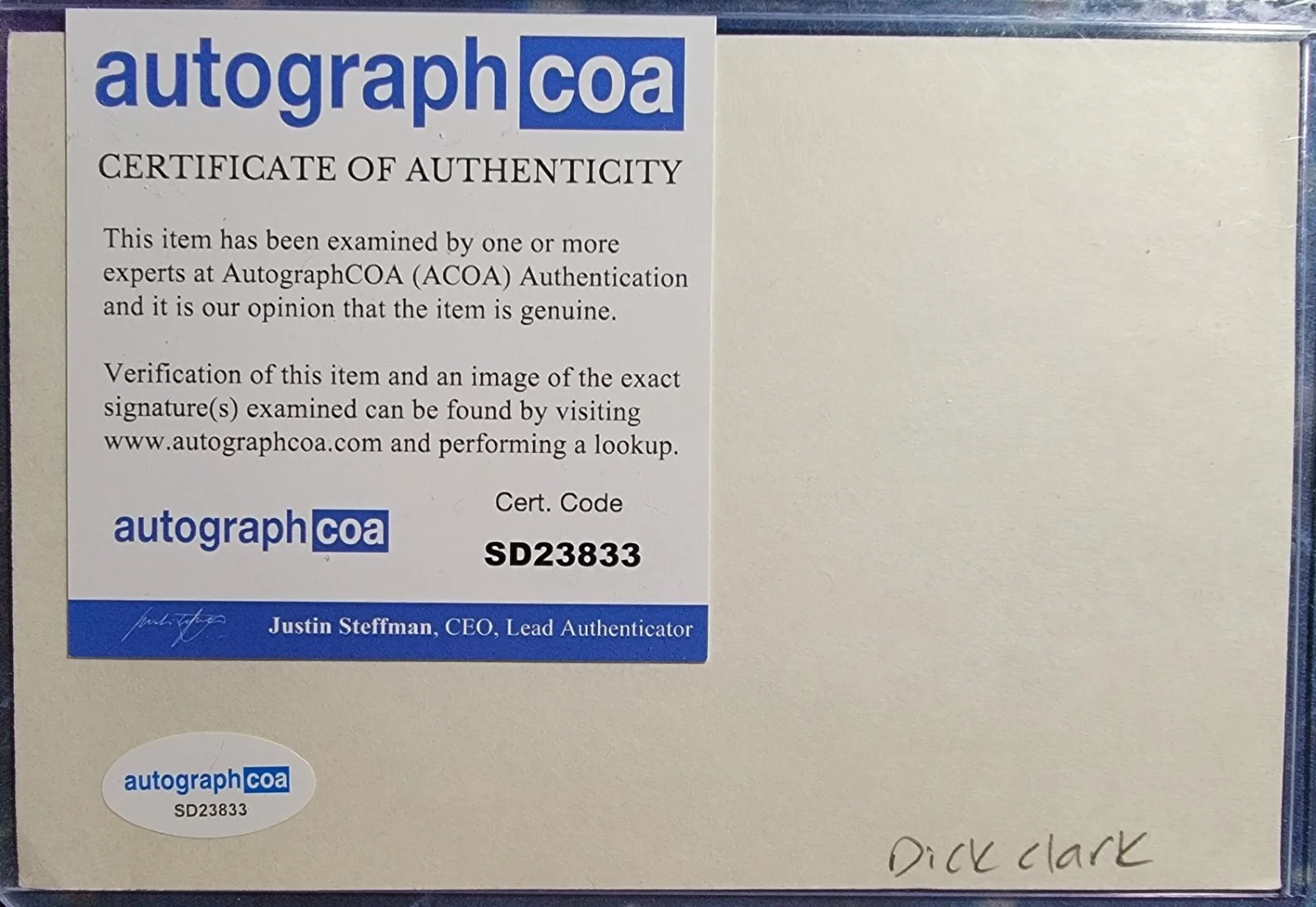 Dick Clark — Dick Clark Authentic Signed Index Card W/ ACOA American Bandstand New Years Eve, изображение 2