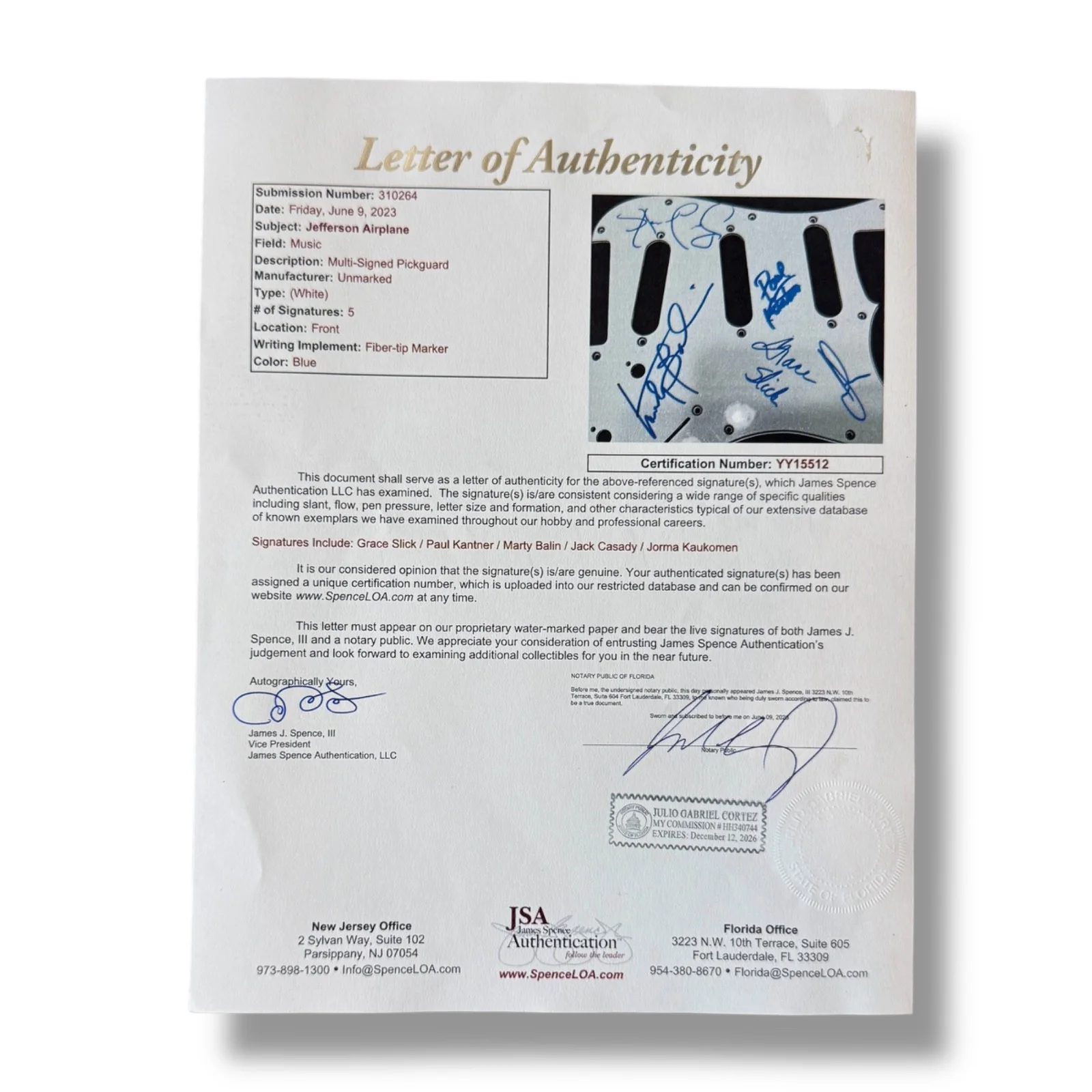 Jefferson Airplane Signed Guitar Custom JSA COA Grace Slick Kaukonen Kantner +2, image 4