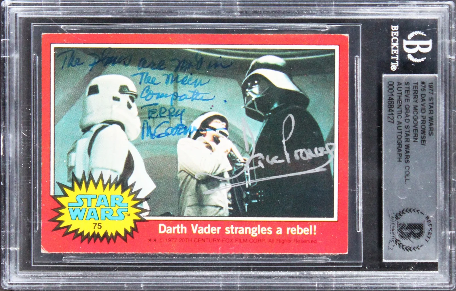 David Prowse & Terry McGovern — (2) Prowse & McGovern "w/ Insc" Signed 1977 Star Wars #75 Card BAS Slabbed