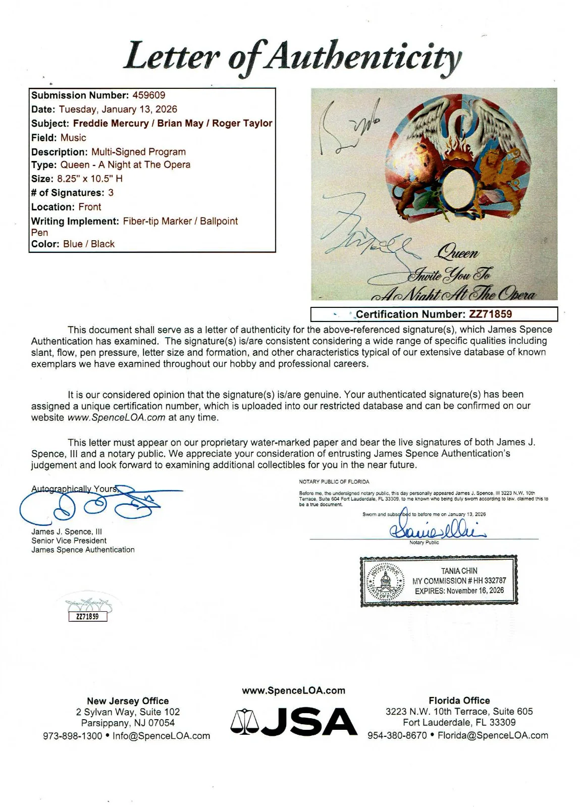 QUEEN + FREDDIE MERCURY Signed (3) Autographs A Night At the Opera Program JSA, image 2