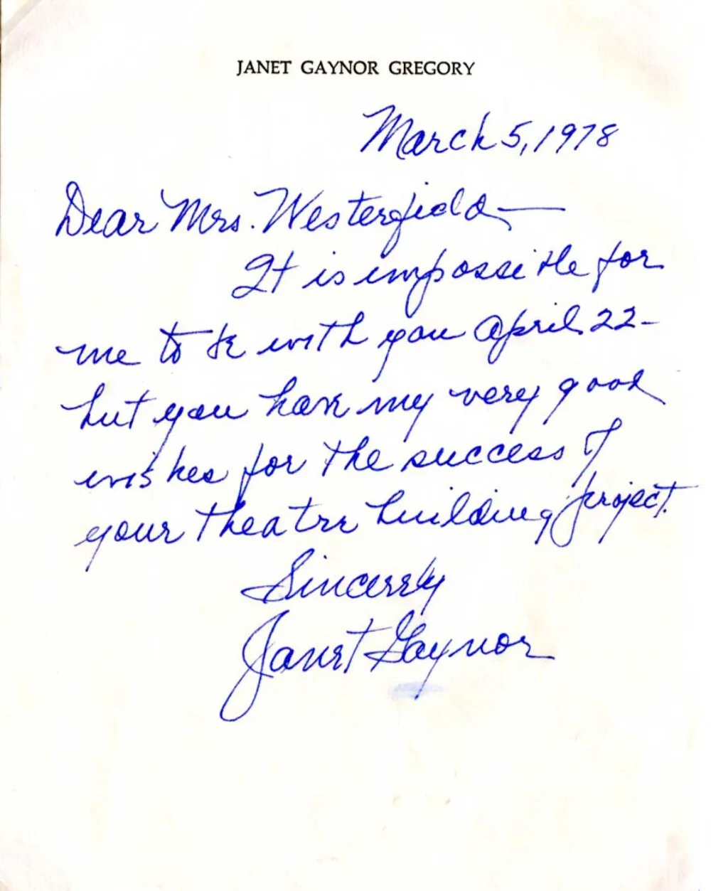 Janet Gaynor OSCAR ACTRESS autograph letter signed & mounted, image 2