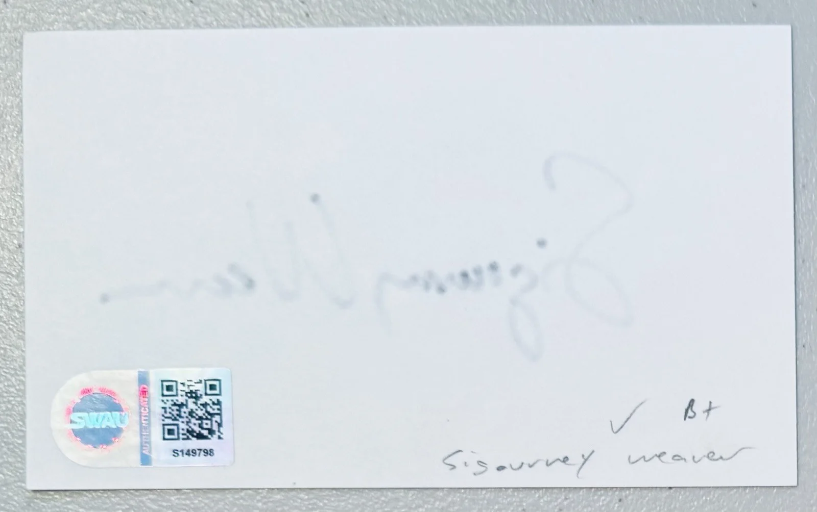 Sigourney Weaver Signed Autographed 3x5 Card SWAU Cert Ghostbusters Alien, image 2