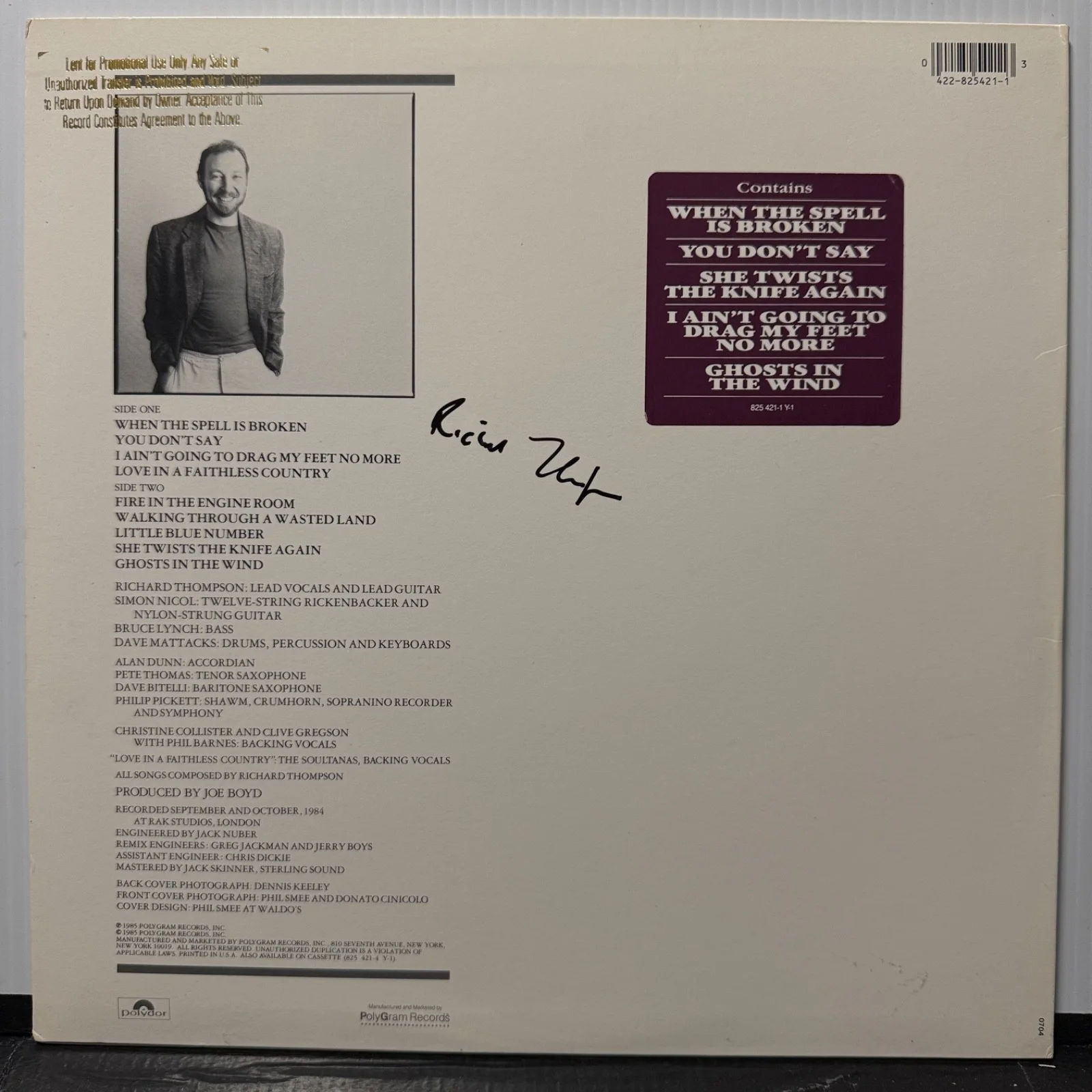 RICHARD THOMPSON "Across A Crowded Room" USA vinyl pressing AUTOGRAPHED w/inner, изображение 2