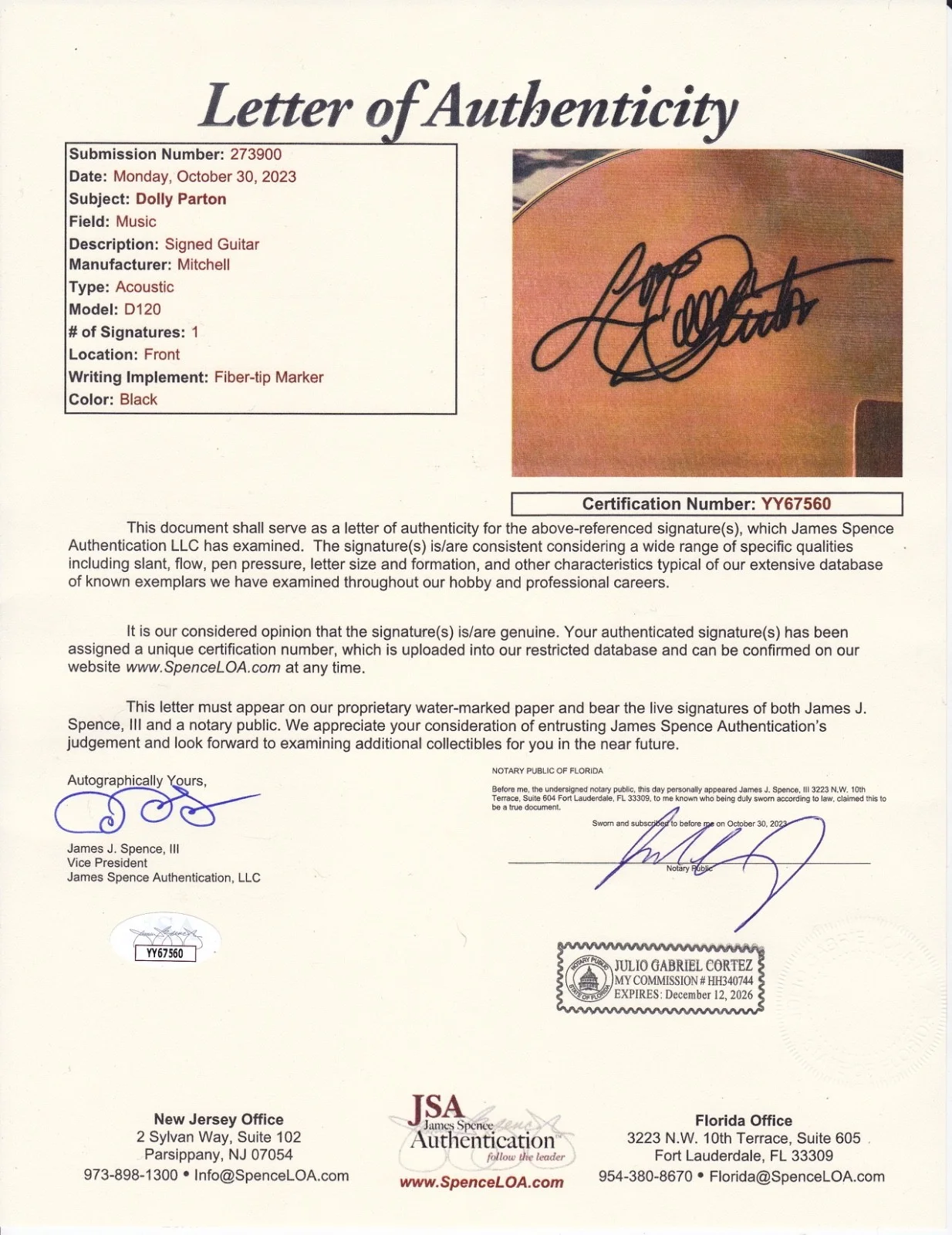 DOLLY PARTON HAND SIGNED AUTOGRAPHED ACOUSTIC GUITAR ON BODY! RARE WITH JSA COA!, image 4