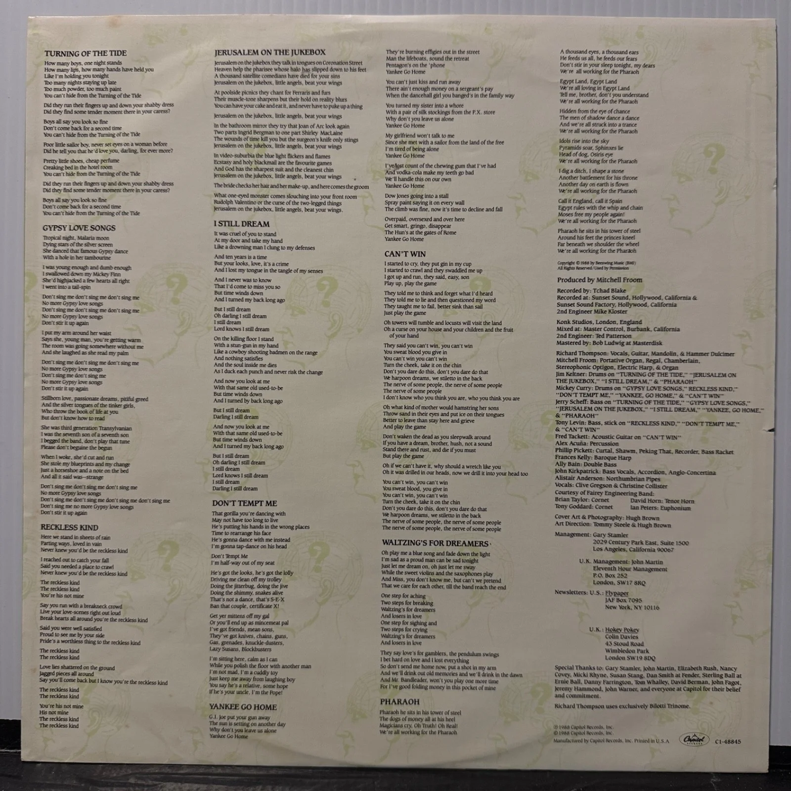 RICHARD THOMPSON "Amnesia" USA vinyl pressing AUTOGRAPHED ON BACK COVER! NM/VG++, image 5