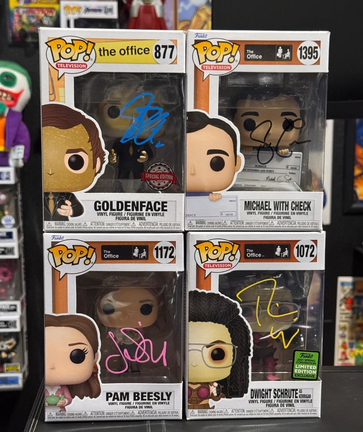 Jenna Fischer, Rainn Wilson, Steve Carell, John Krasinski — The Office Funko Autographed Lot Michael, Pam, Jim, Dwight - PSA / Beckett COAs