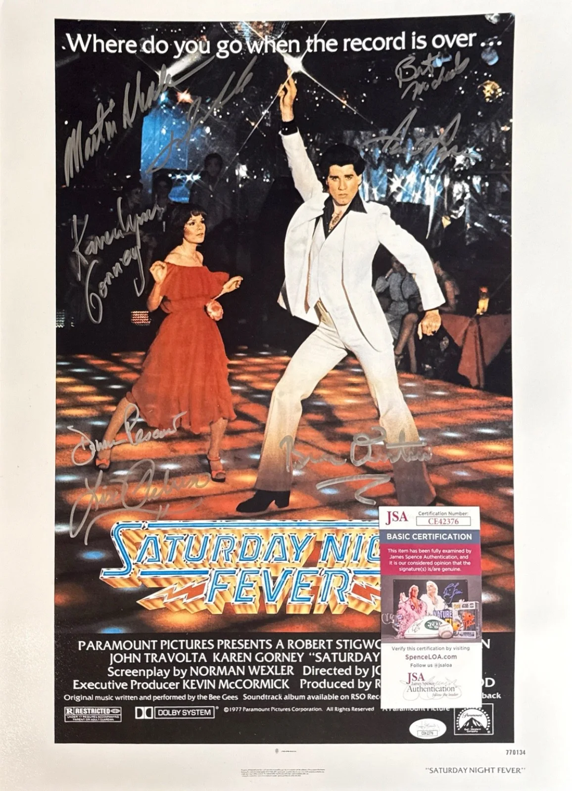 John Travolta — John Travolta & Karen Lynn Gorney +6 Autos Signed 16x20 Movie Poster JSA, изображение 2