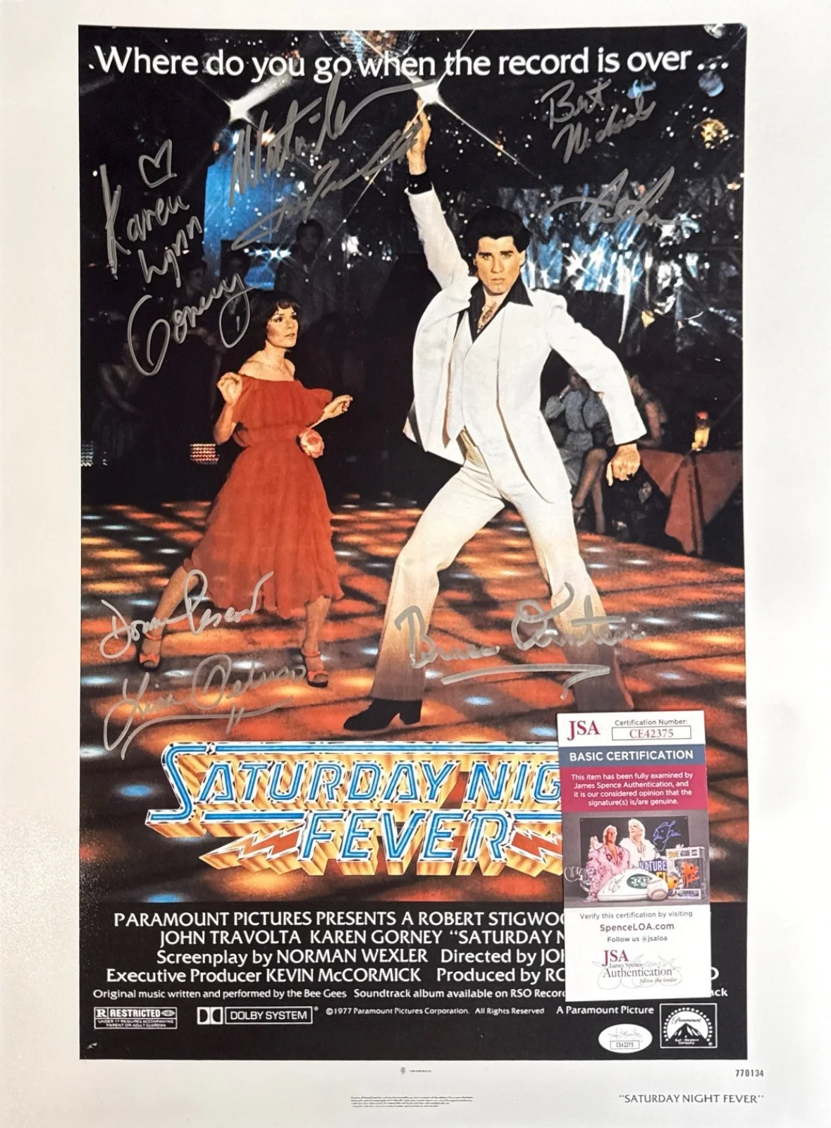John Travolta — John Travolta & Karen Lynn Gorney +6 Autos Signed 16x20 Movie Poster JSA, изображение 2