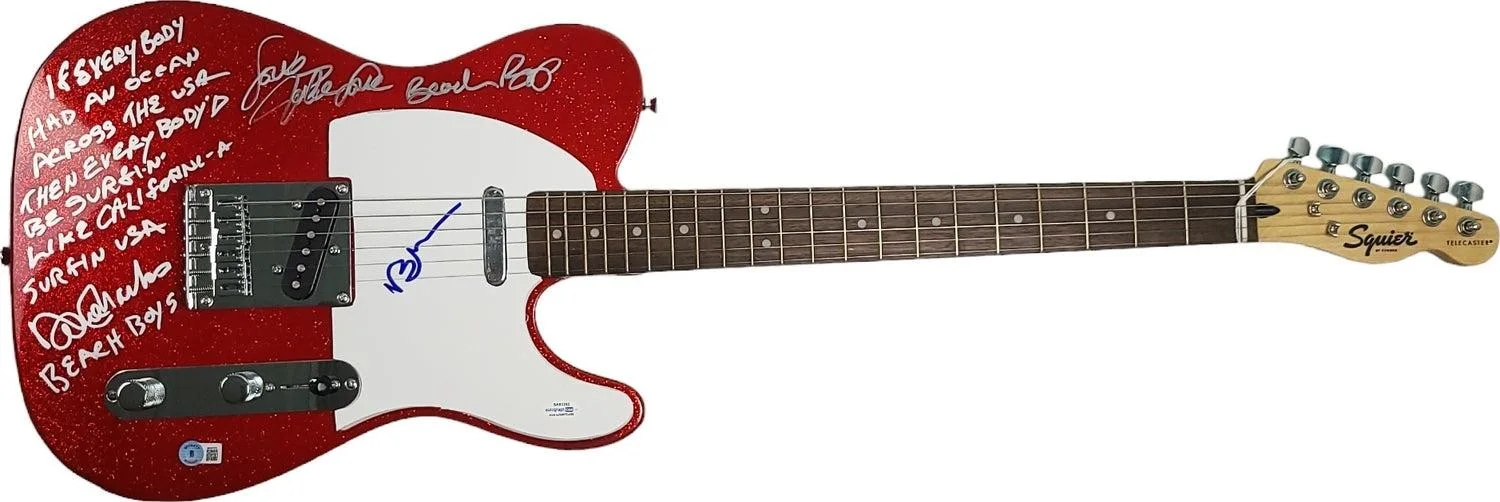 The Beach Boys Autographed Fender Guitar w Surfin USA Lyrics Exact Proof BAS Wit, изображение 3