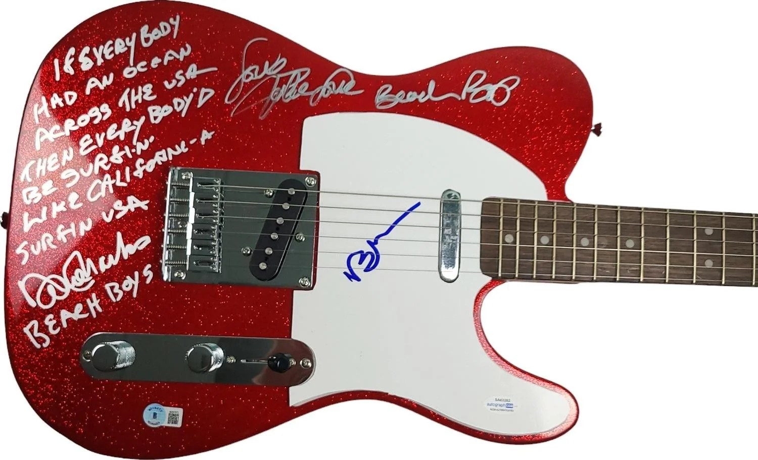 The Beach Boys Autographed Fender Guitar w Surfin USA Lyrics Exact Proof BAS Wit, изображение 4