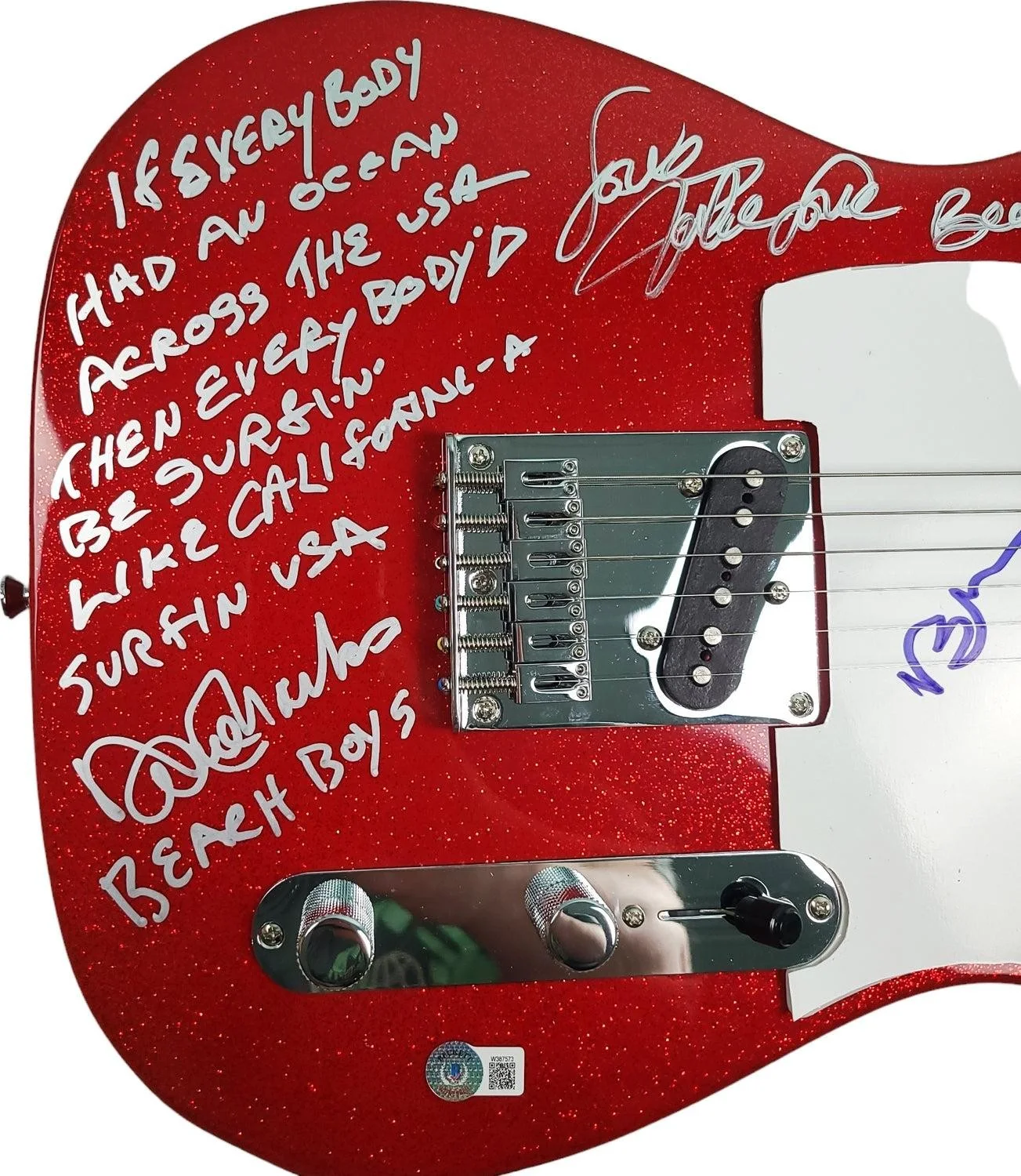 The Beach Boys Autographed Fender Guitar w Surfin USA Lyrics Exact Proof BAS Wit, изображение 5